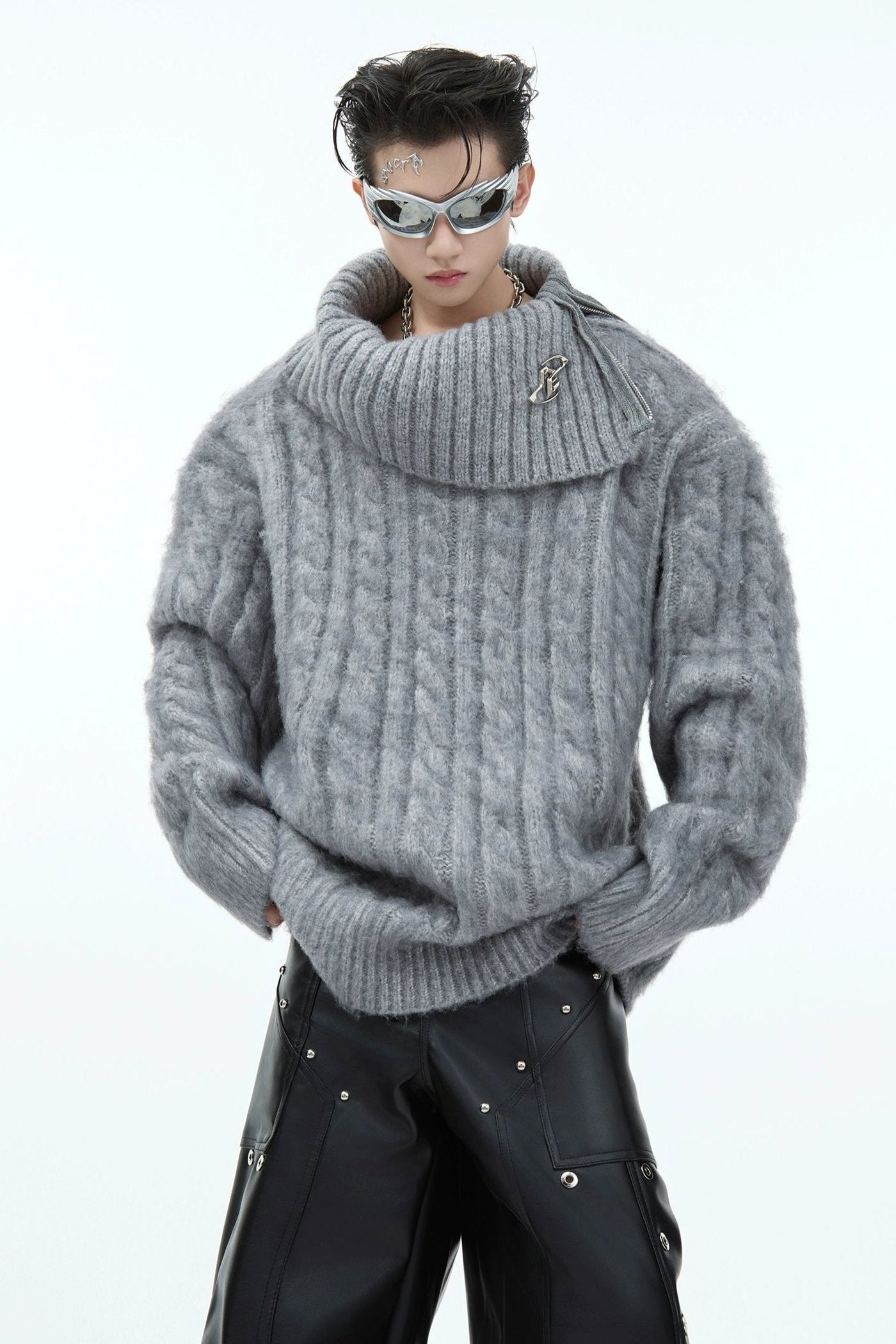 Cable Knit Side Zipper Collar Sweater