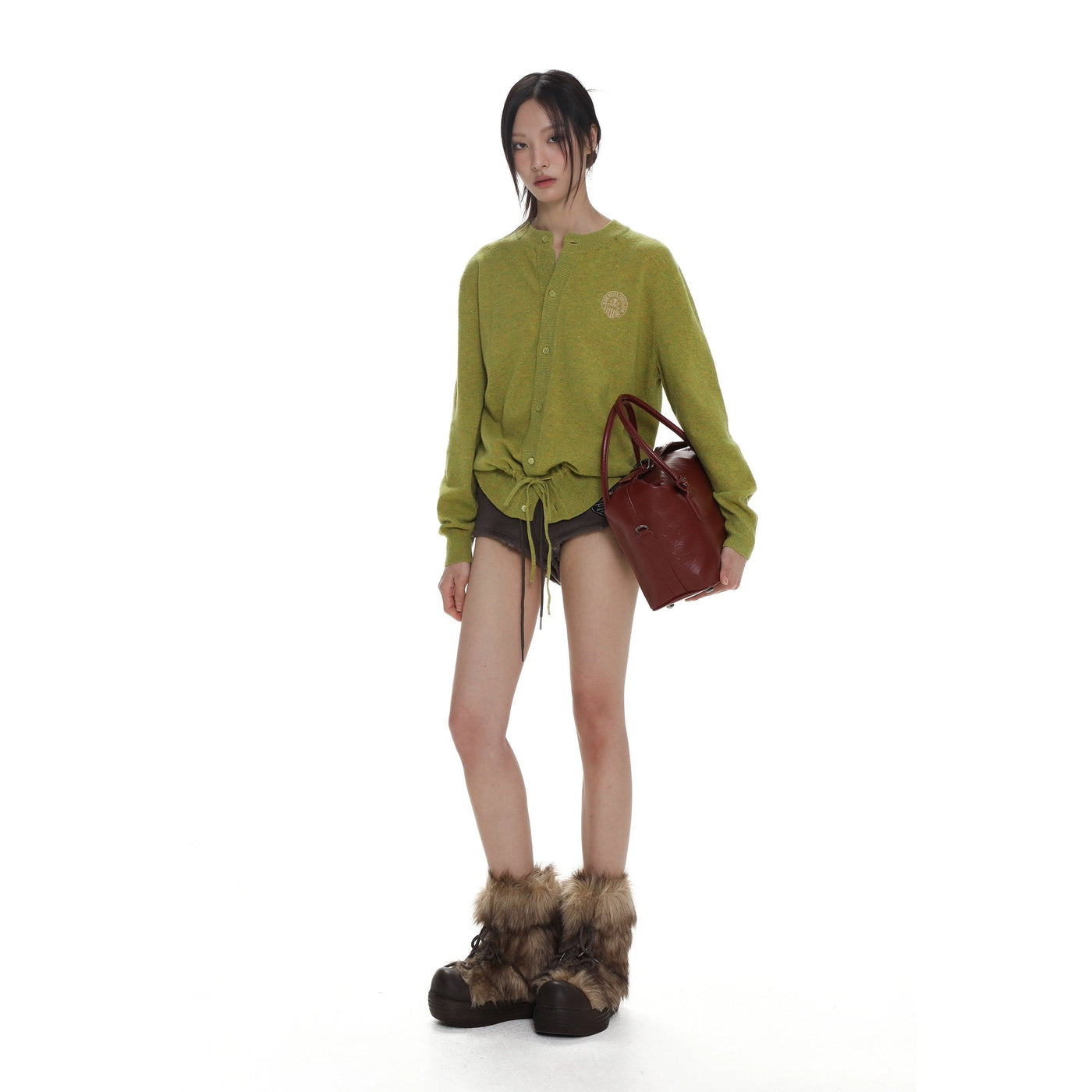 Drawstring Buttoned Knit Cardigan