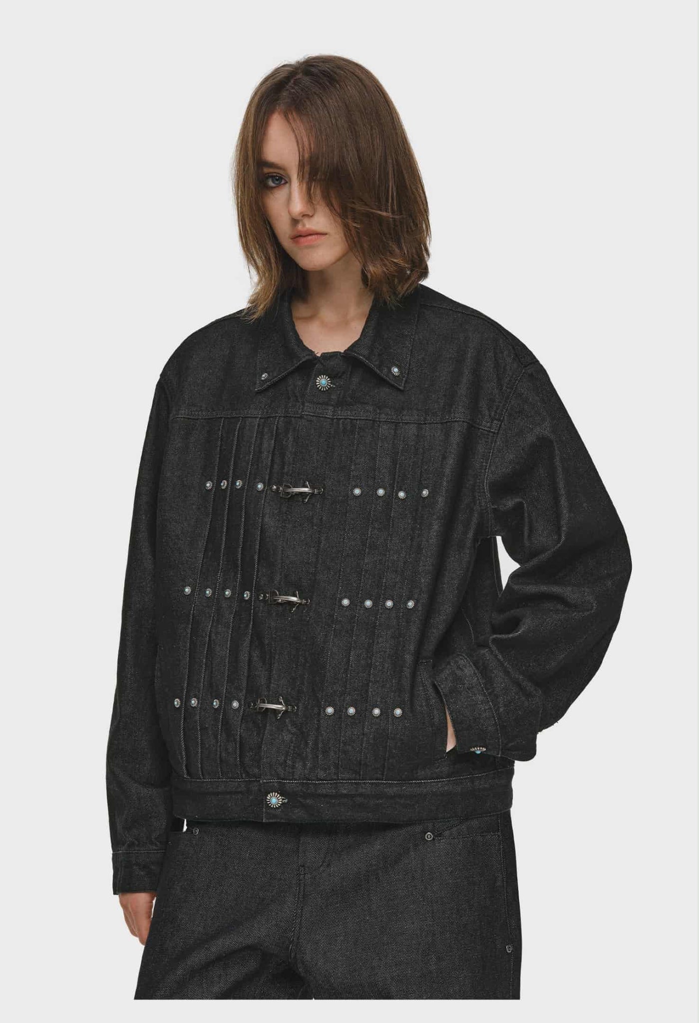 Retro Color Pleated Fireman Clasp Denim Jacket