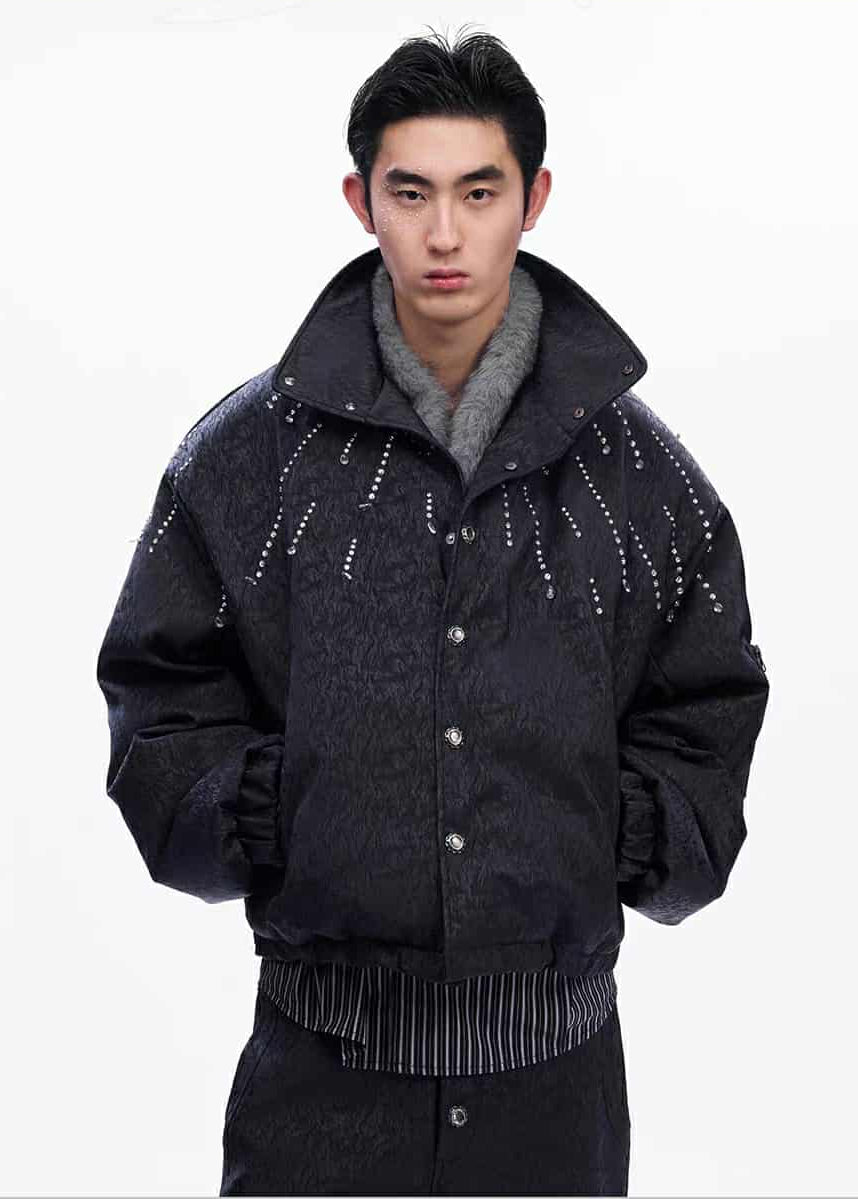 Stone Details Textured PU Leather Jacket