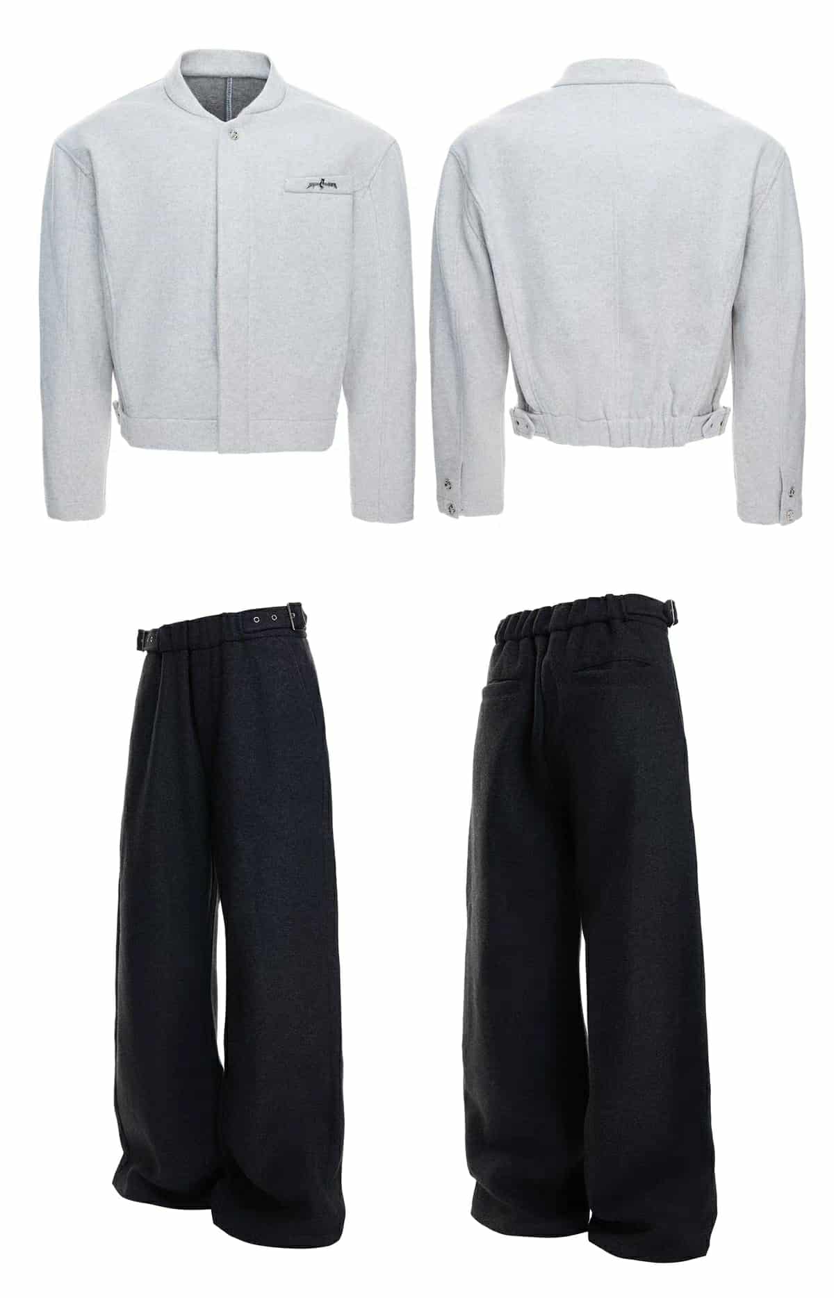Stand Collar Strapped Jacket & Adjustable Waist Pants Set