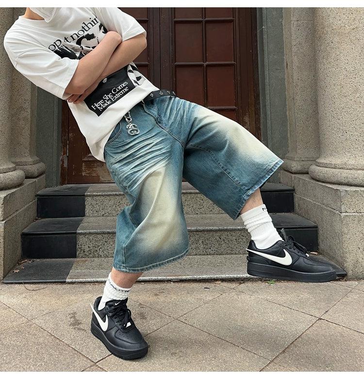 Over Knee Washed Denim Shorts