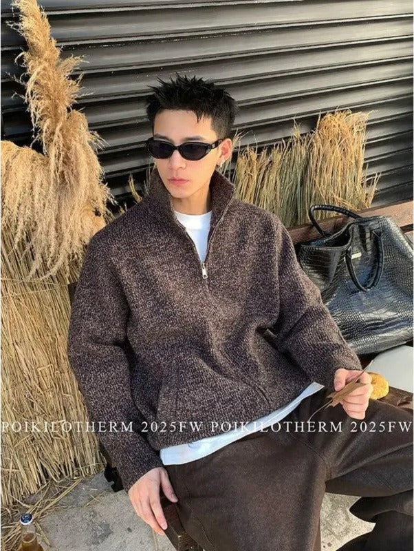 Stand Collar Textured Knit Jacket