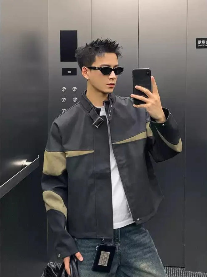 Contrast Buckled Strap Moto Jacket
