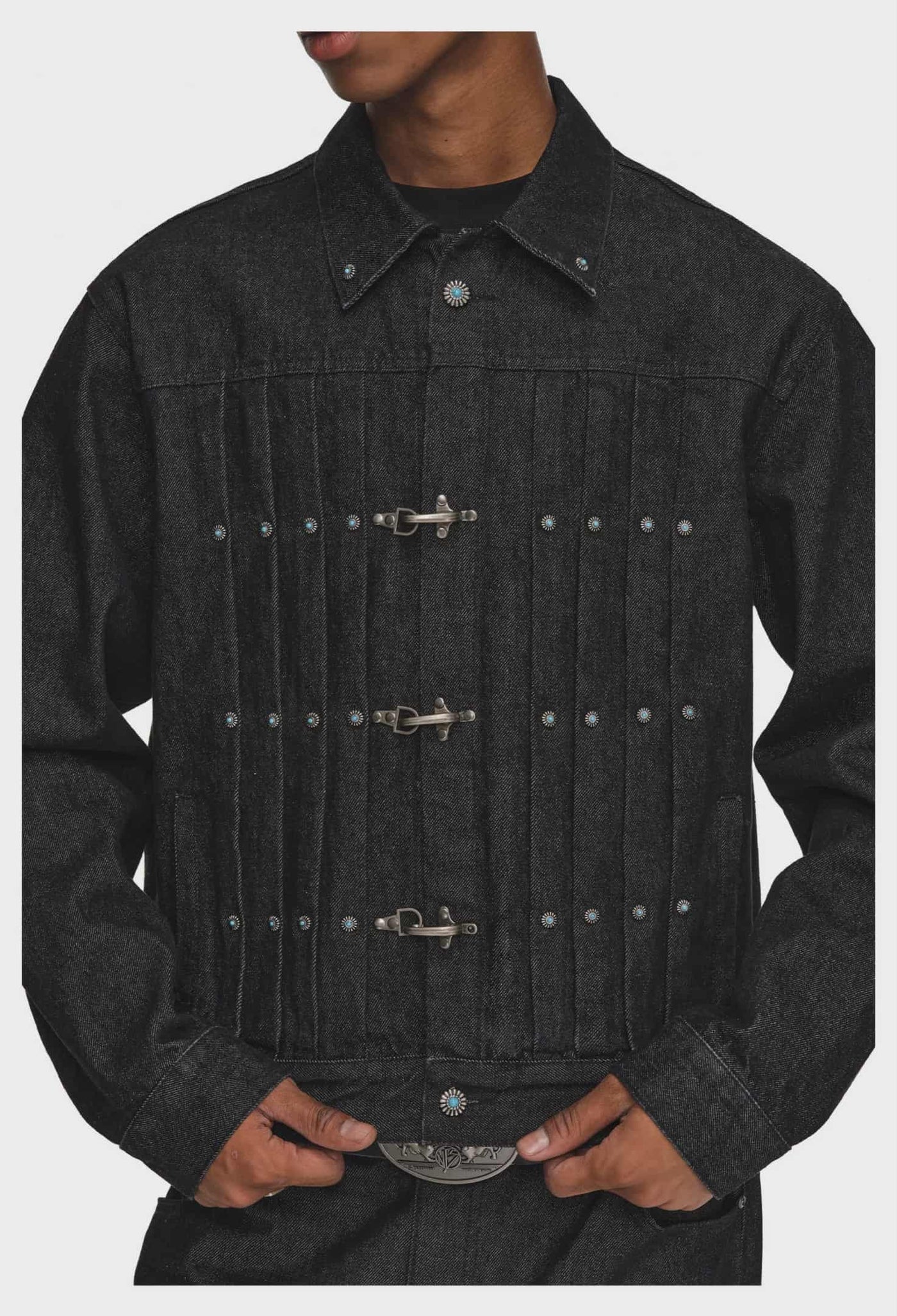 Retro Color Pleated Fireman Clasp Denim Jacket