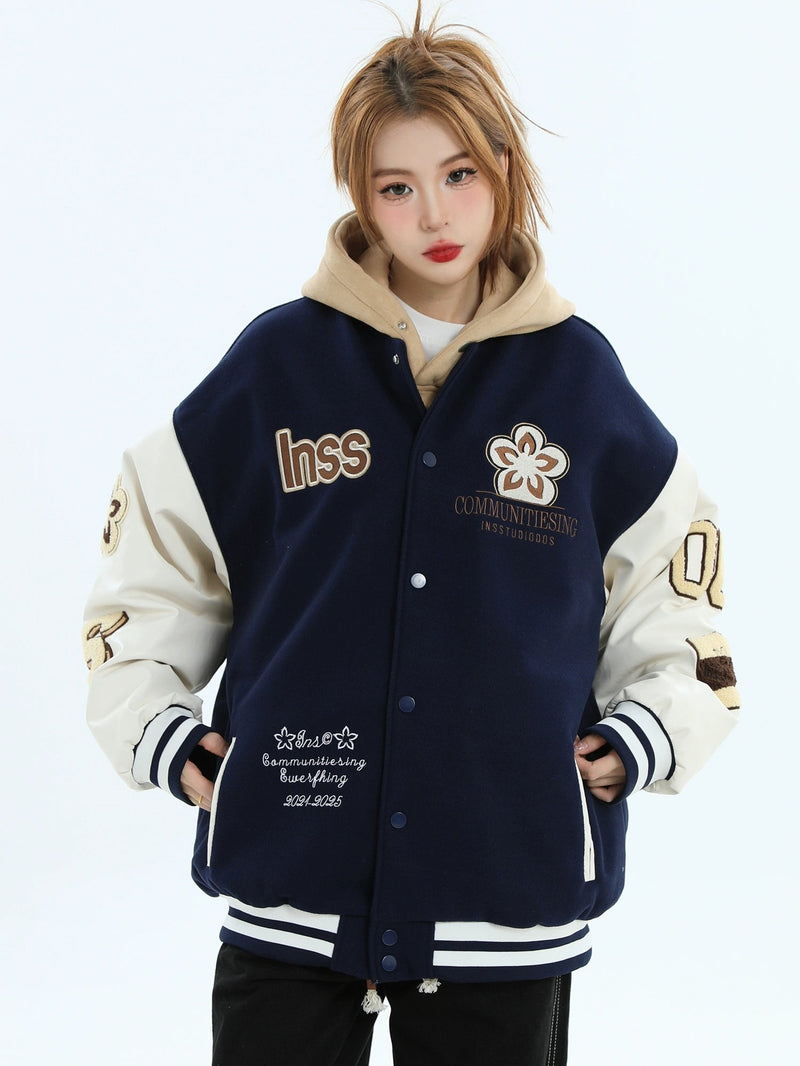 Fuzzy Flower & Logo Embroidery Varsity Jacket