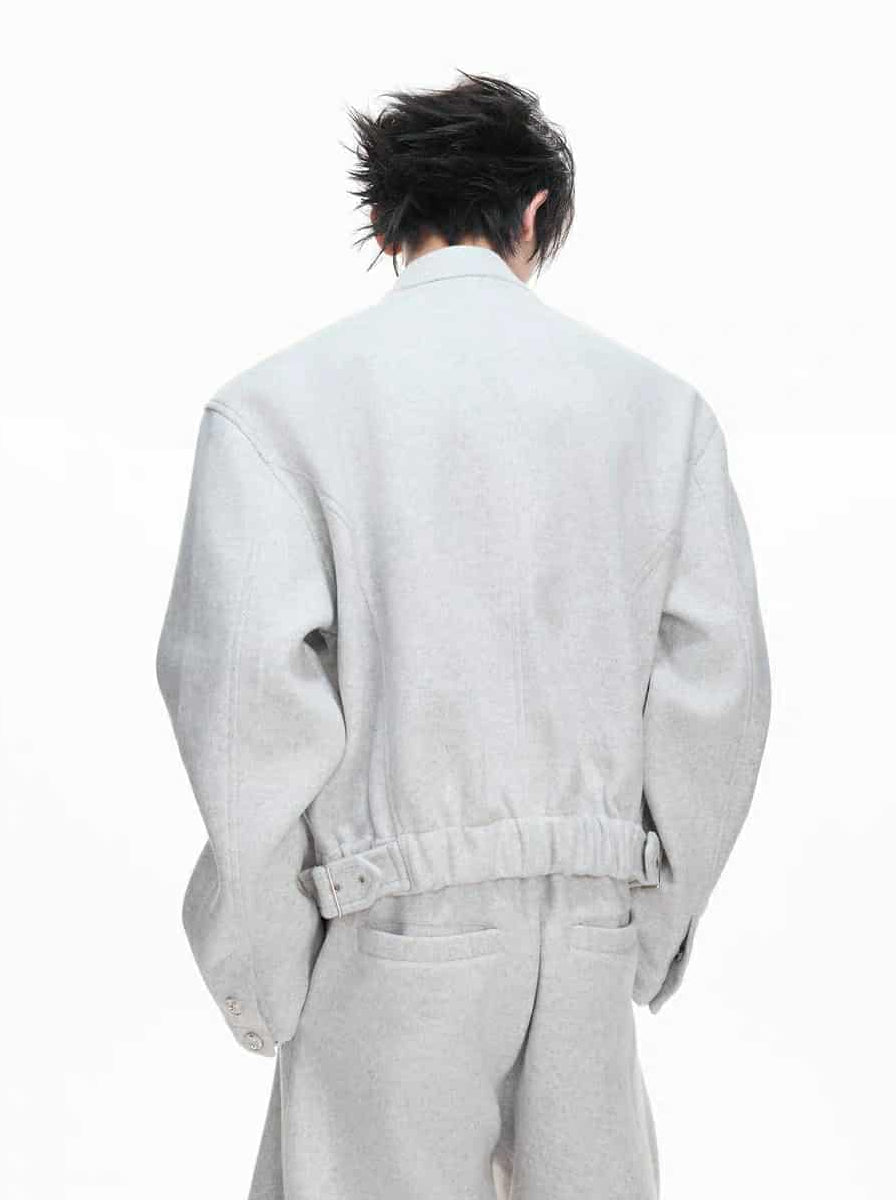 Stand Collar Strapped Jacket & Adjustable Waist Pants Set