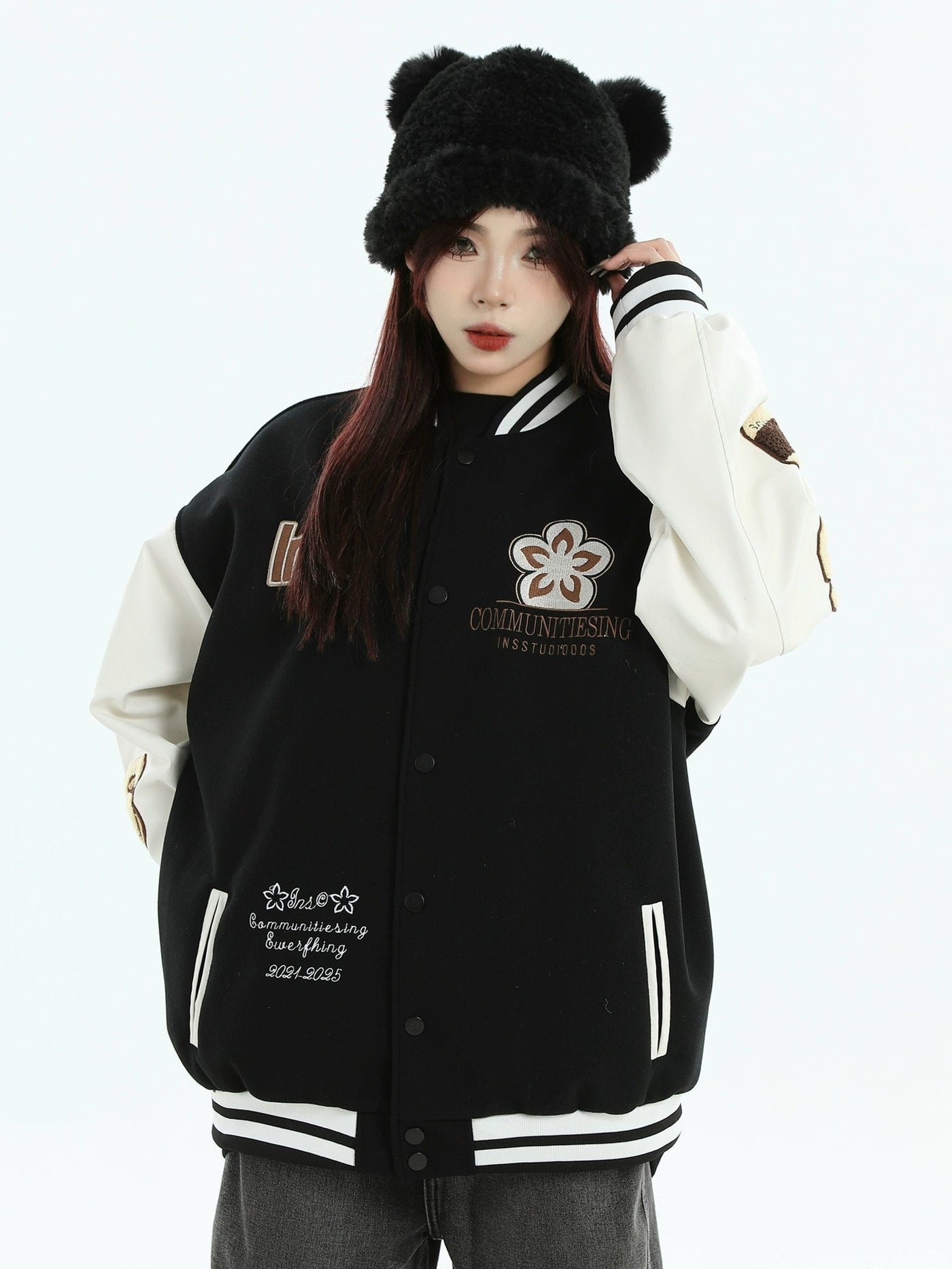 Fuzzy Flower & Logo Embroidery Varsity Jacket