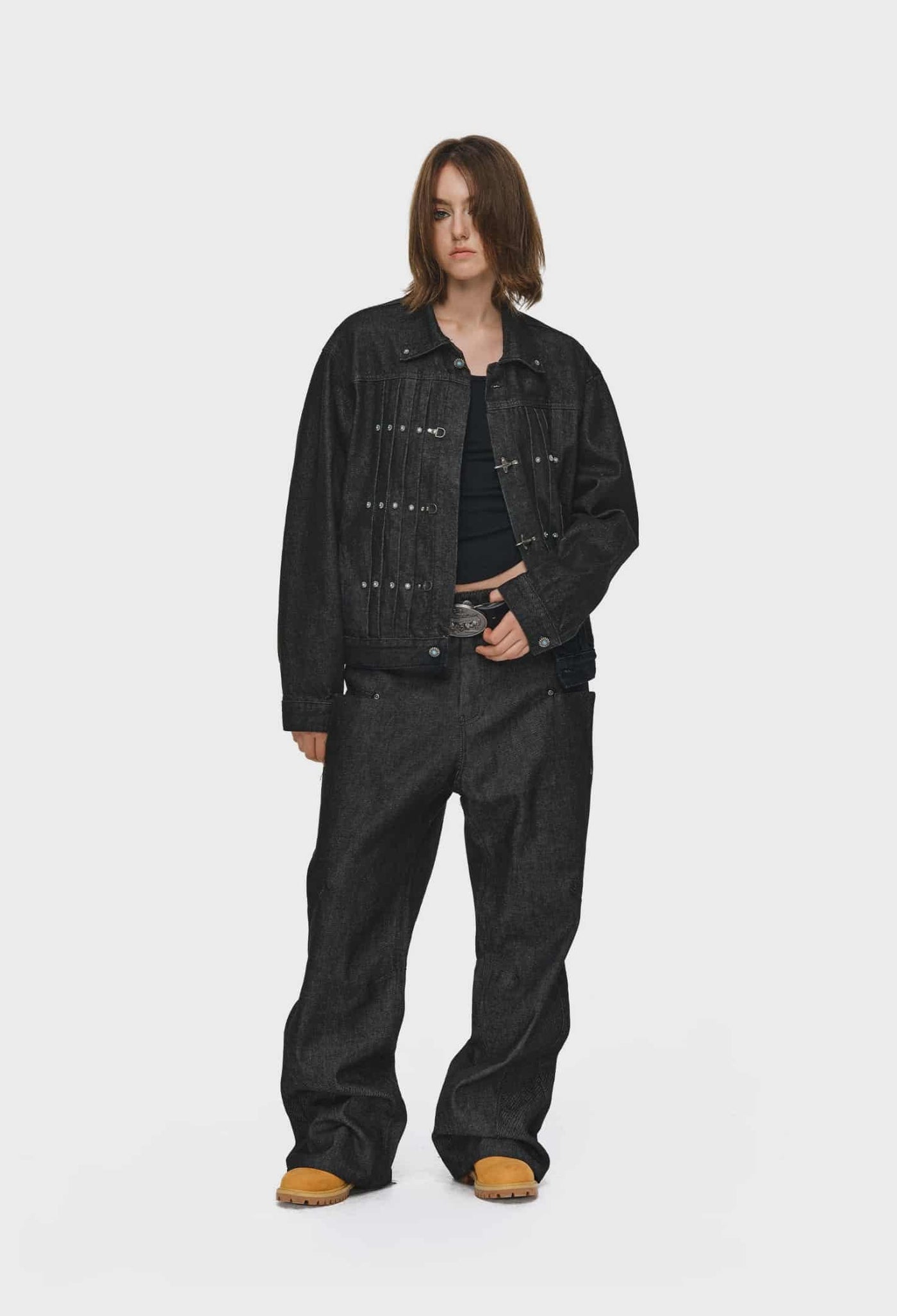 Retro Color Pleated Fireman Clasp Denim Jacket