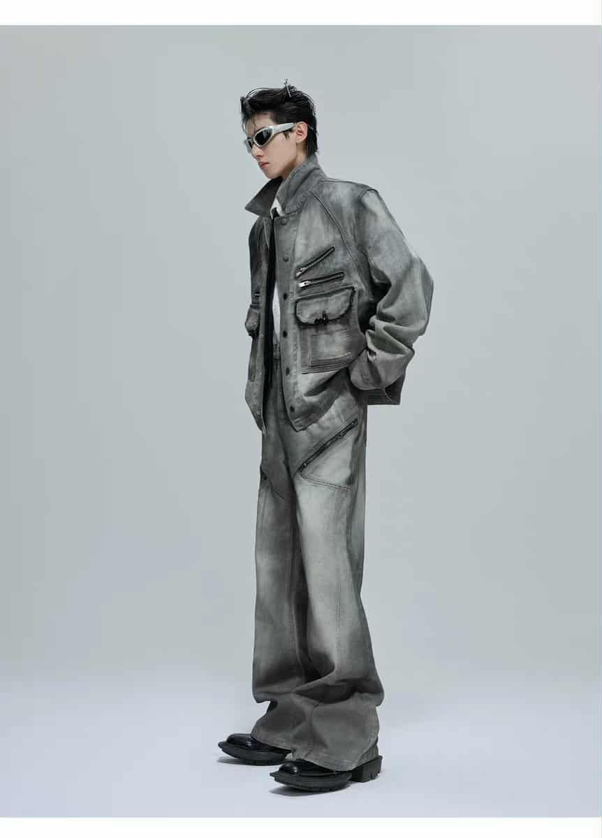 Multi-Zipped Contrast Faded Denim Jacket & Jeans Set