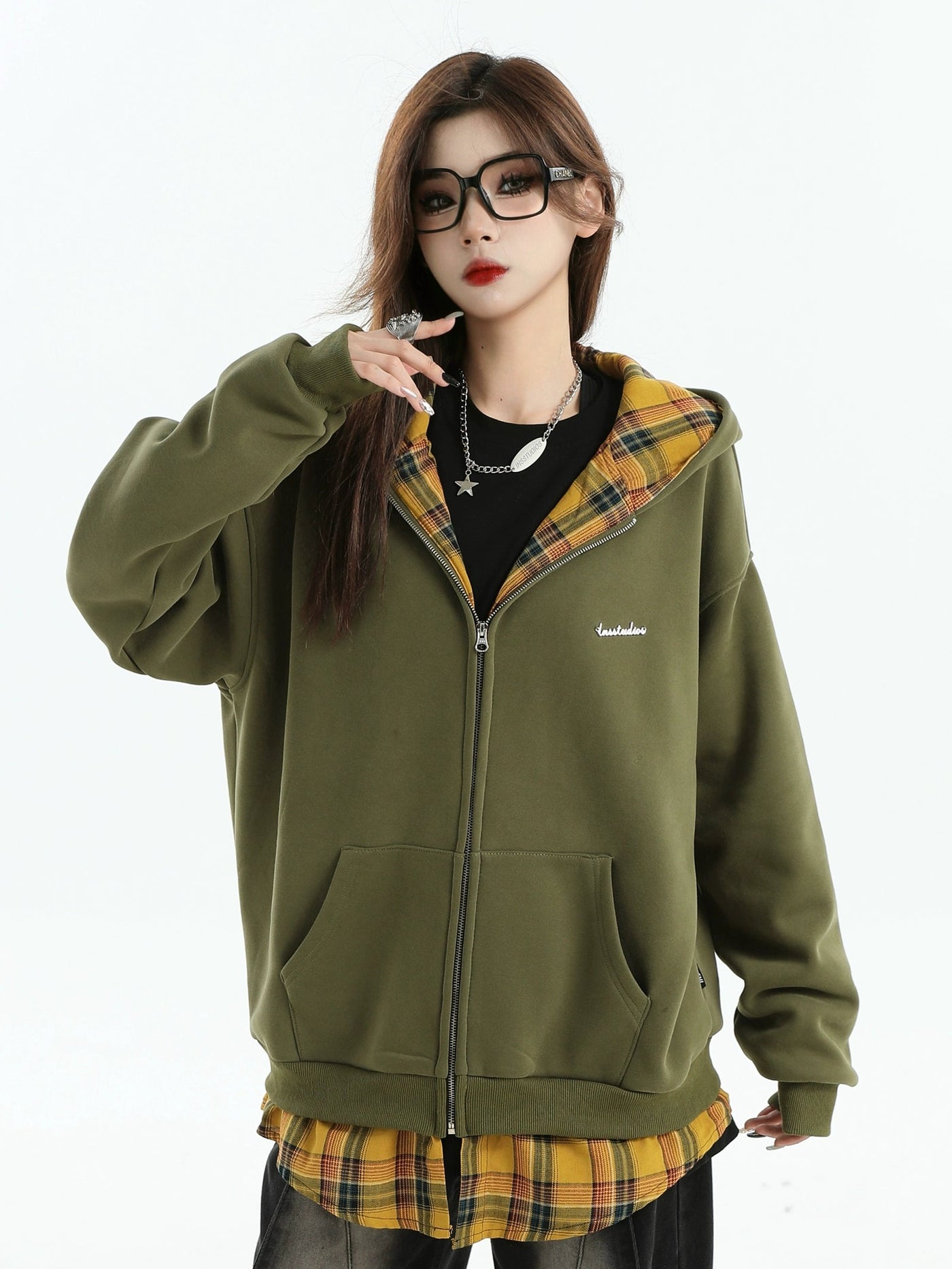 Plaid Layer Zipped Hoodie
