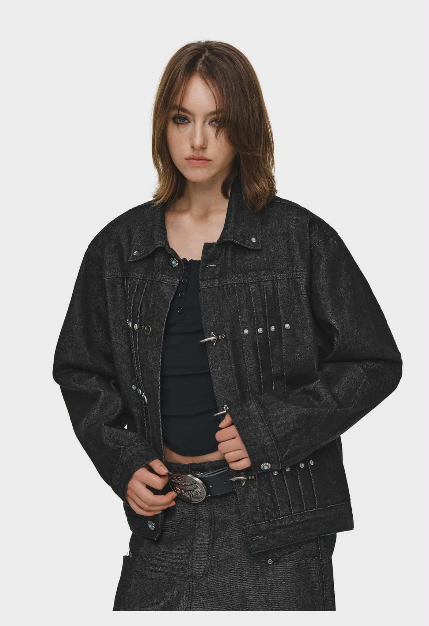 Retro Color Pleated Fireman Clasp Denim Jacket