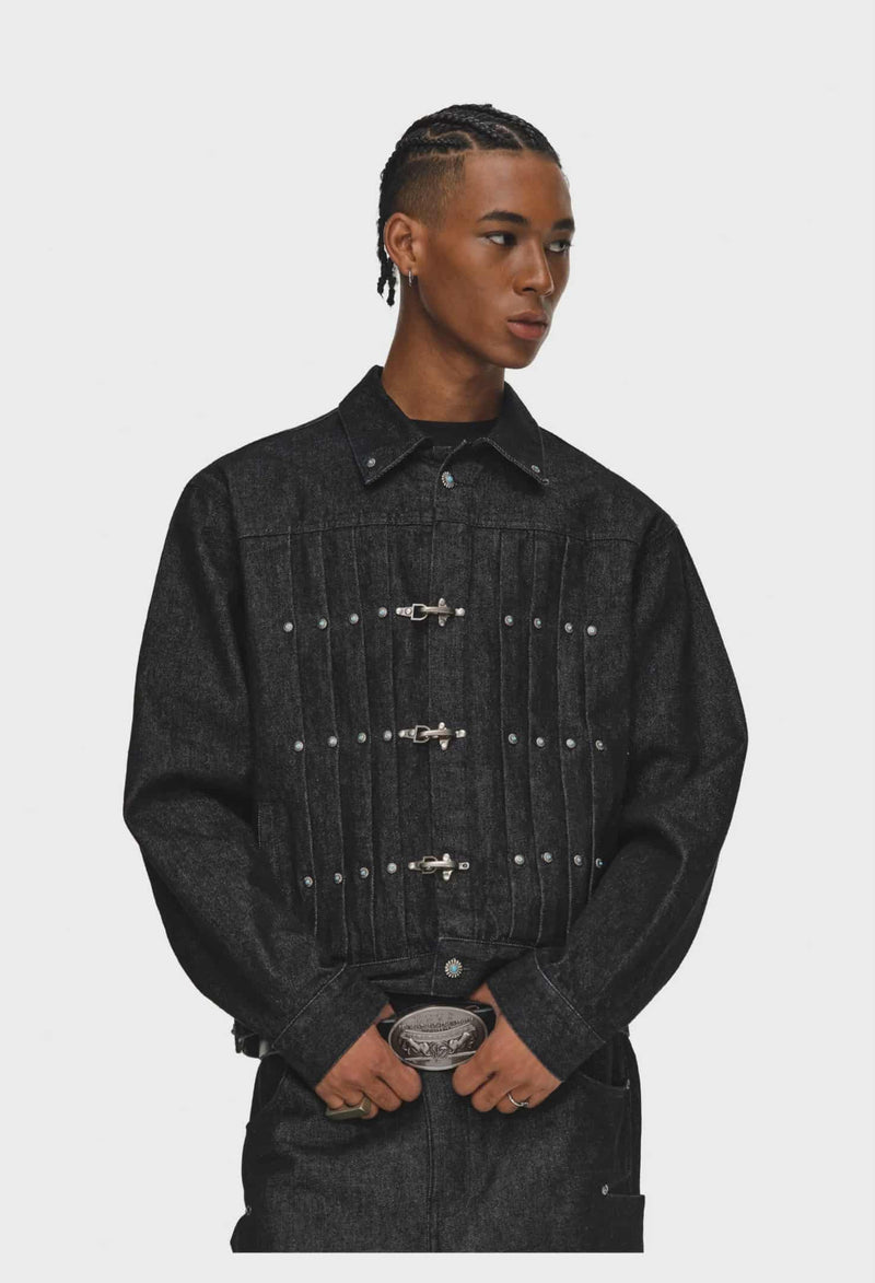 Retro Color Pleated Fireman Clasp Denim Jacket