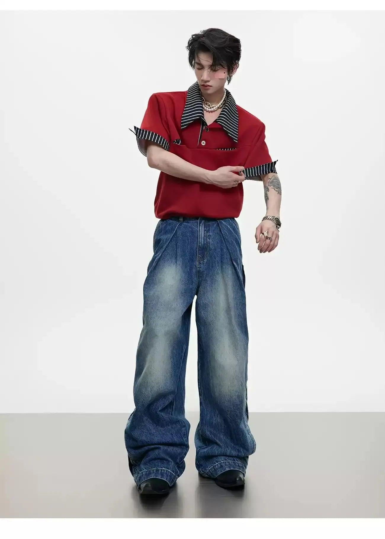 Double Pleated Washed Straight Jeans