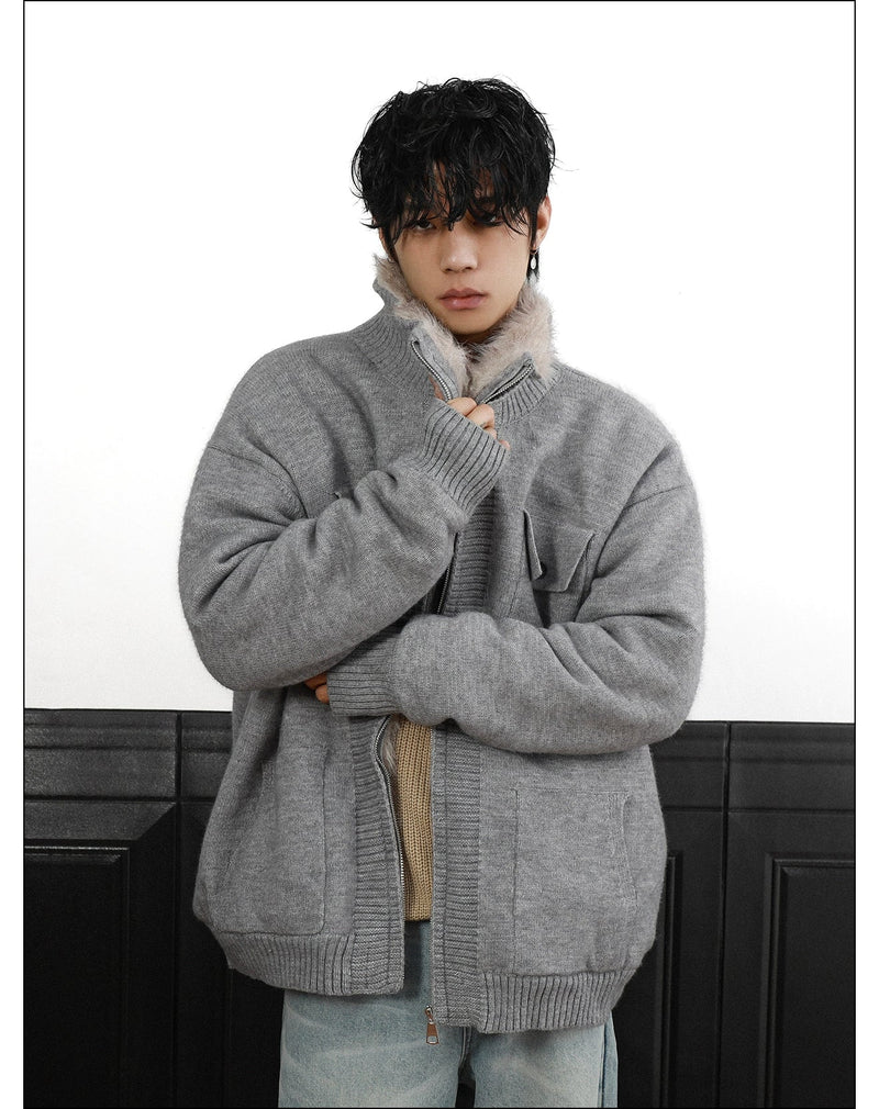 Fur Trimmed Flap Pocket Knit Jacket