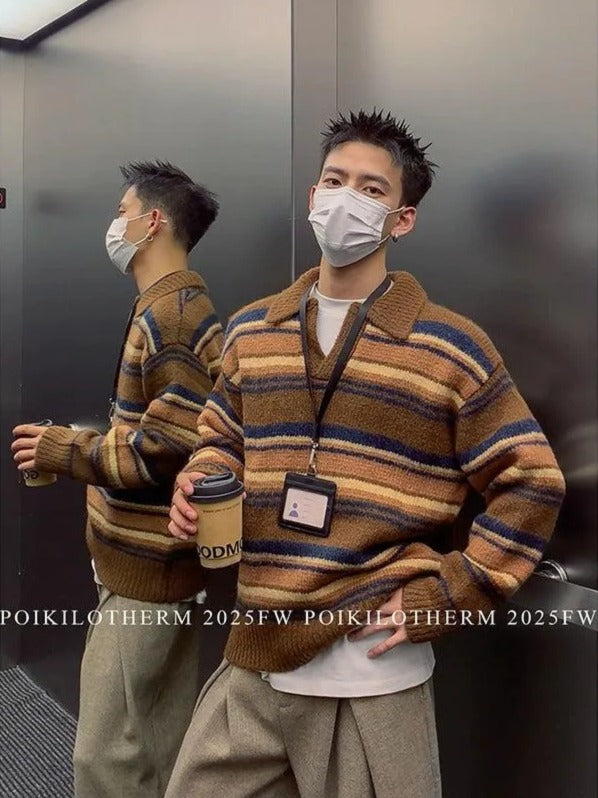 Striped Collared V-Neck Sweater