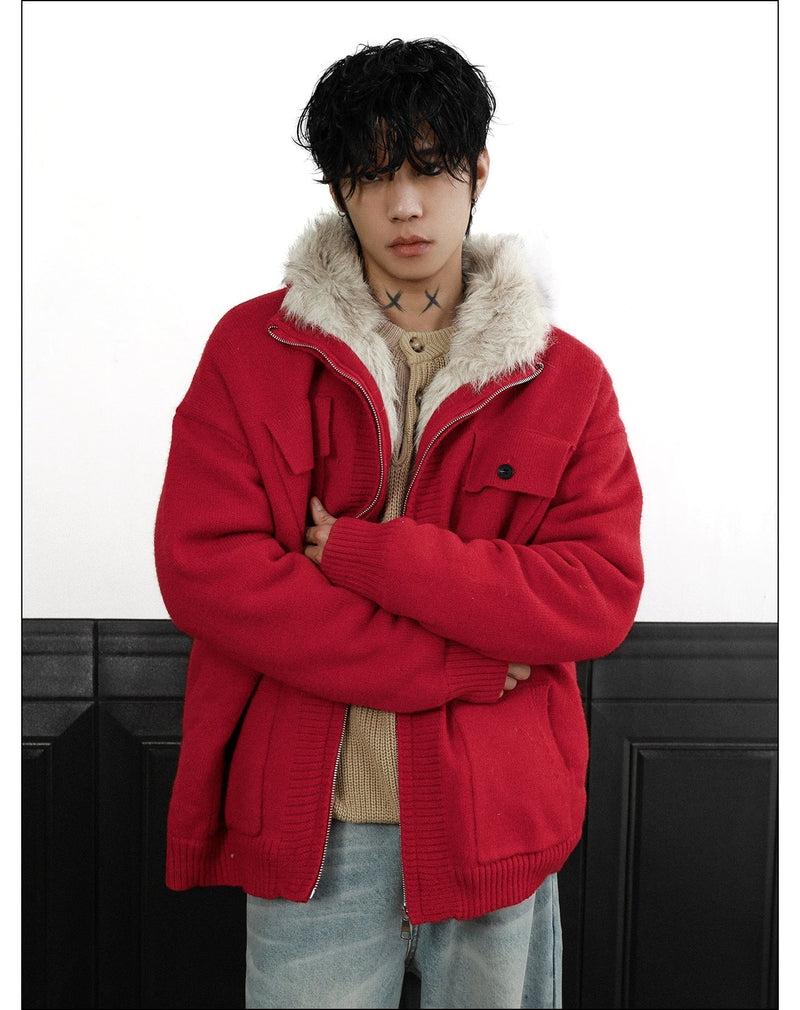 Fur Trimmed Flap Pocket Knit Jacket