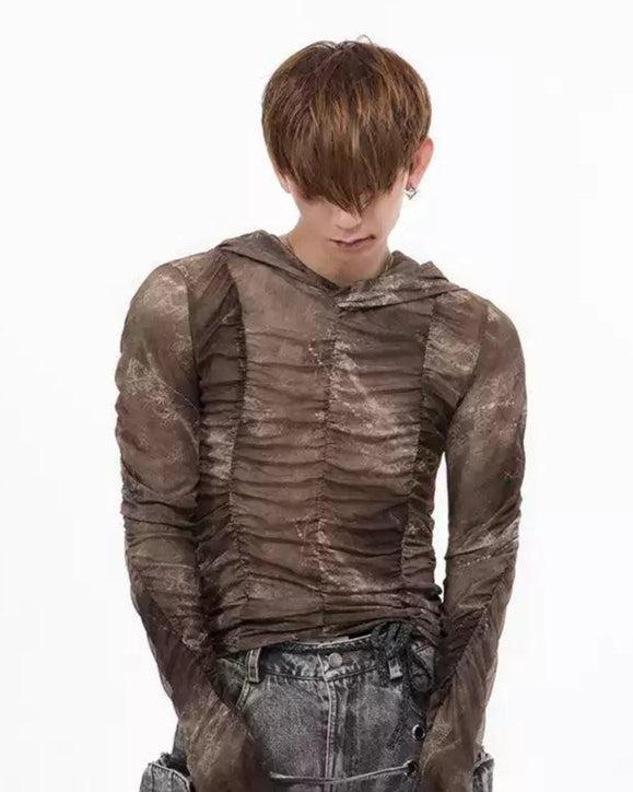 Structured Sheer Print Hooded Shirt