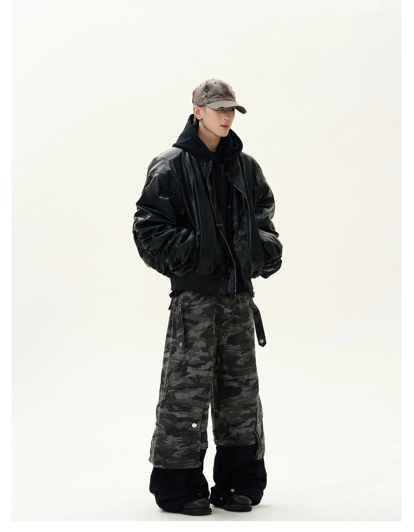 Layered Hooded PU Leather Jacket