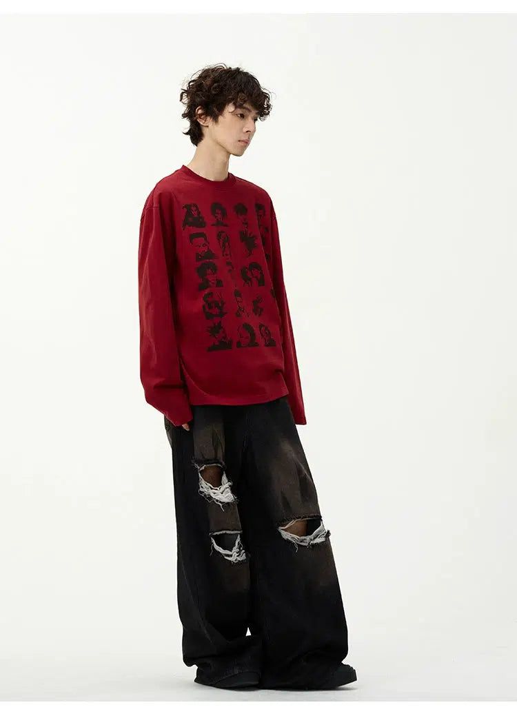 Multi-Face Graphic Long Sleeve T-Shirt