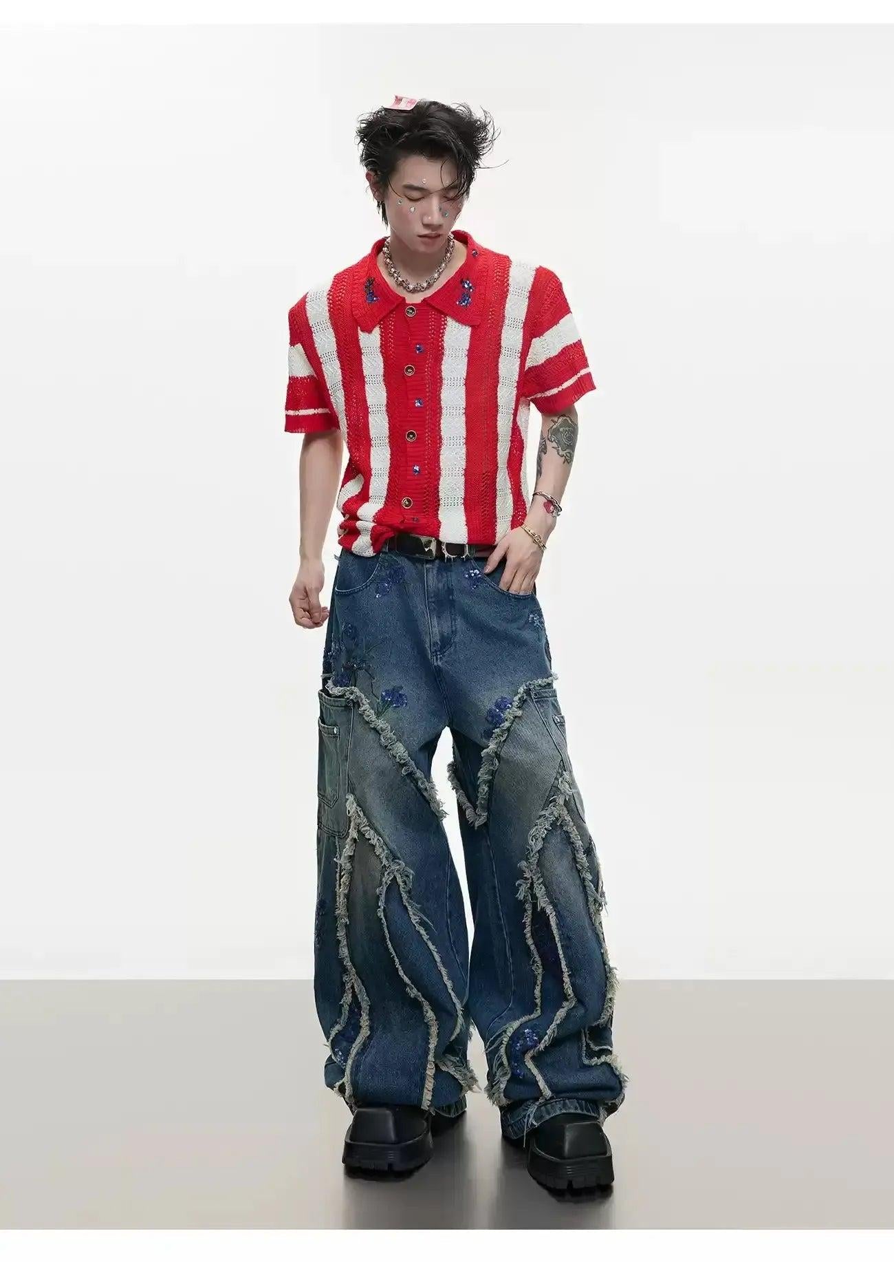 Sequin Embroidered Raw Seam Wide Jeans
