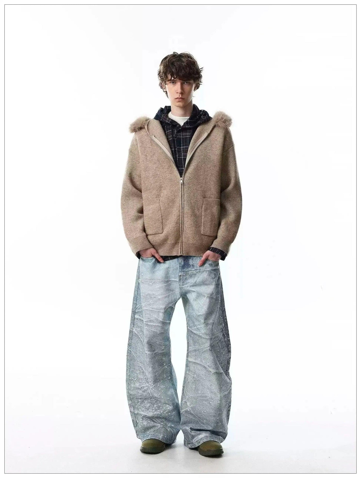 Faux Fur Trim Knitted Hood Jacket