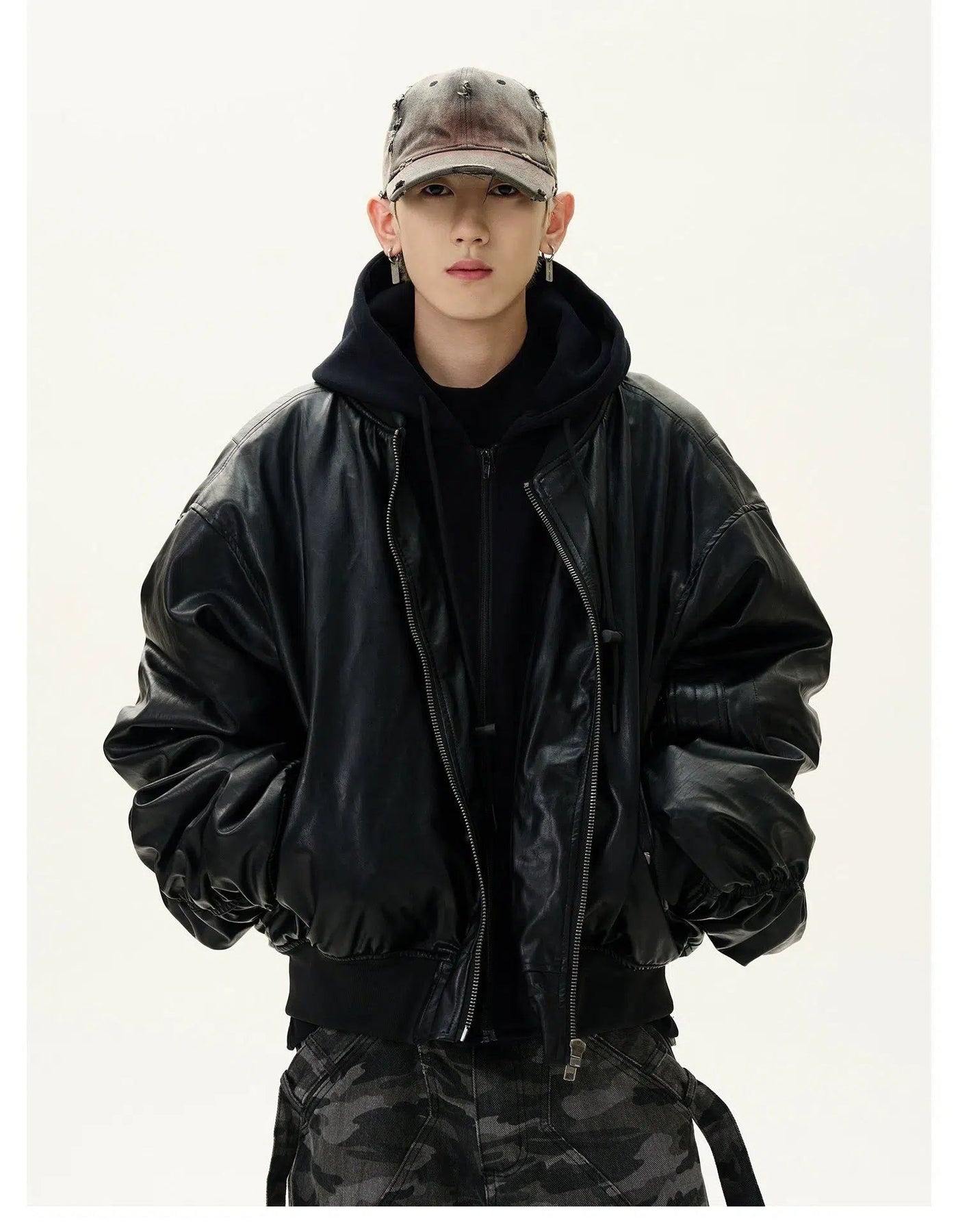 Layered Hooded PU Leather Jacket