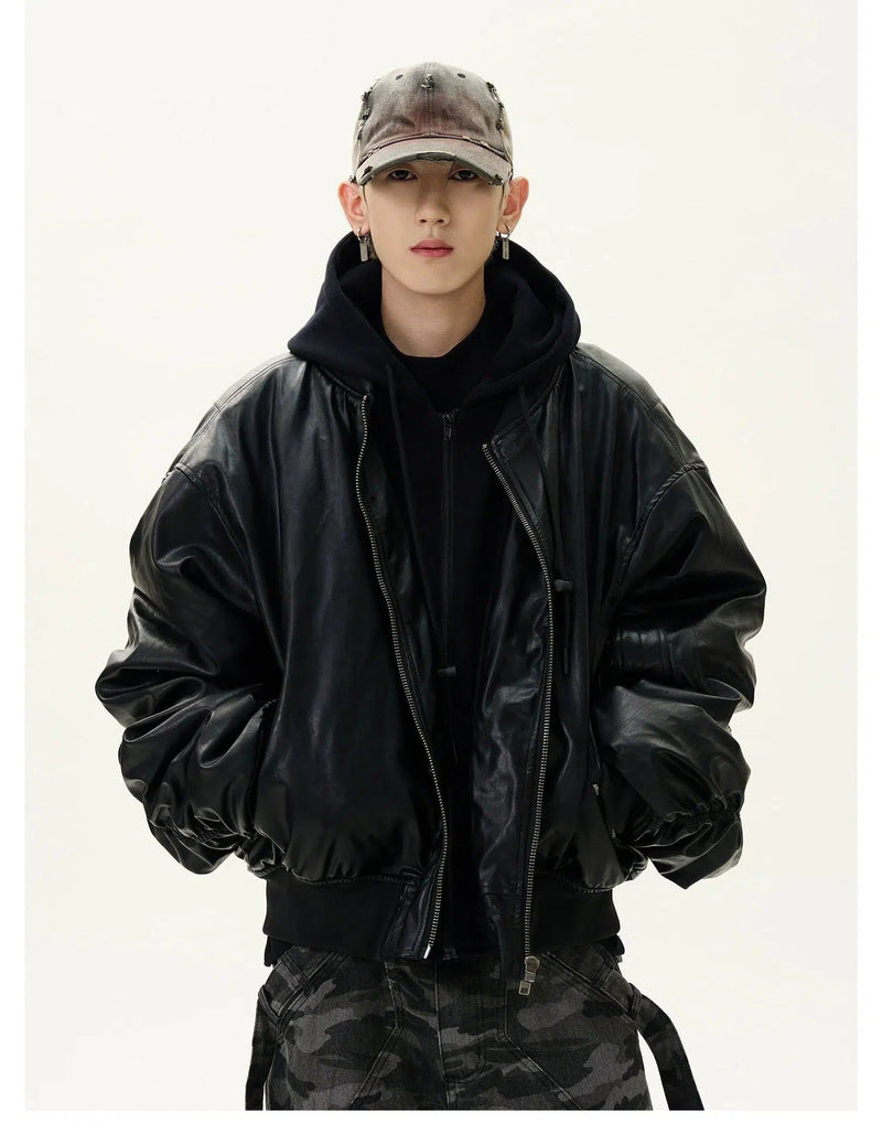 Layered Hooded PU Leather Jacket
