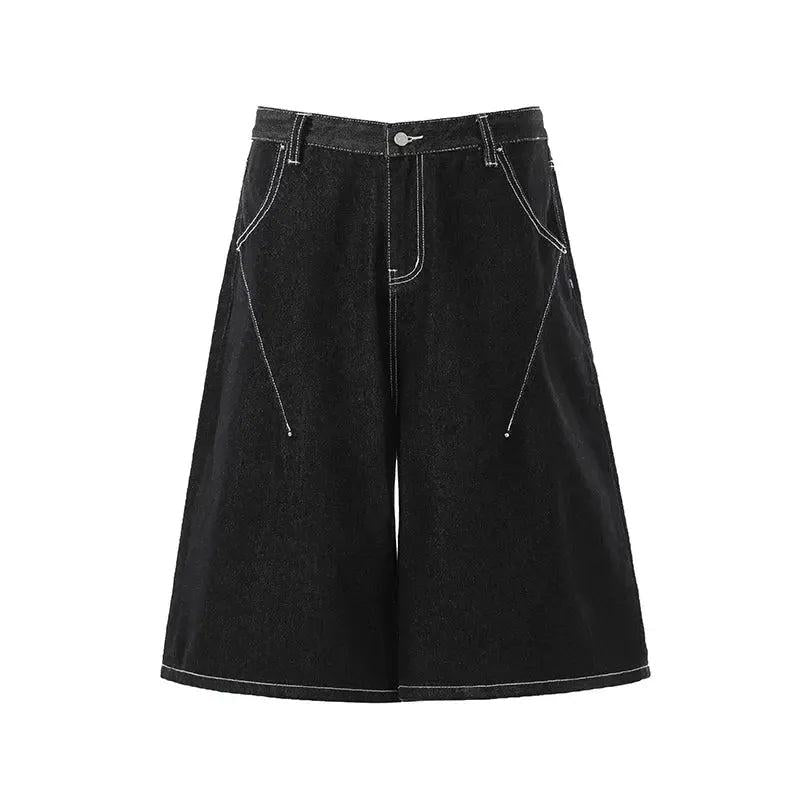 Wash Contrast Stitch Wide Denim Shorts