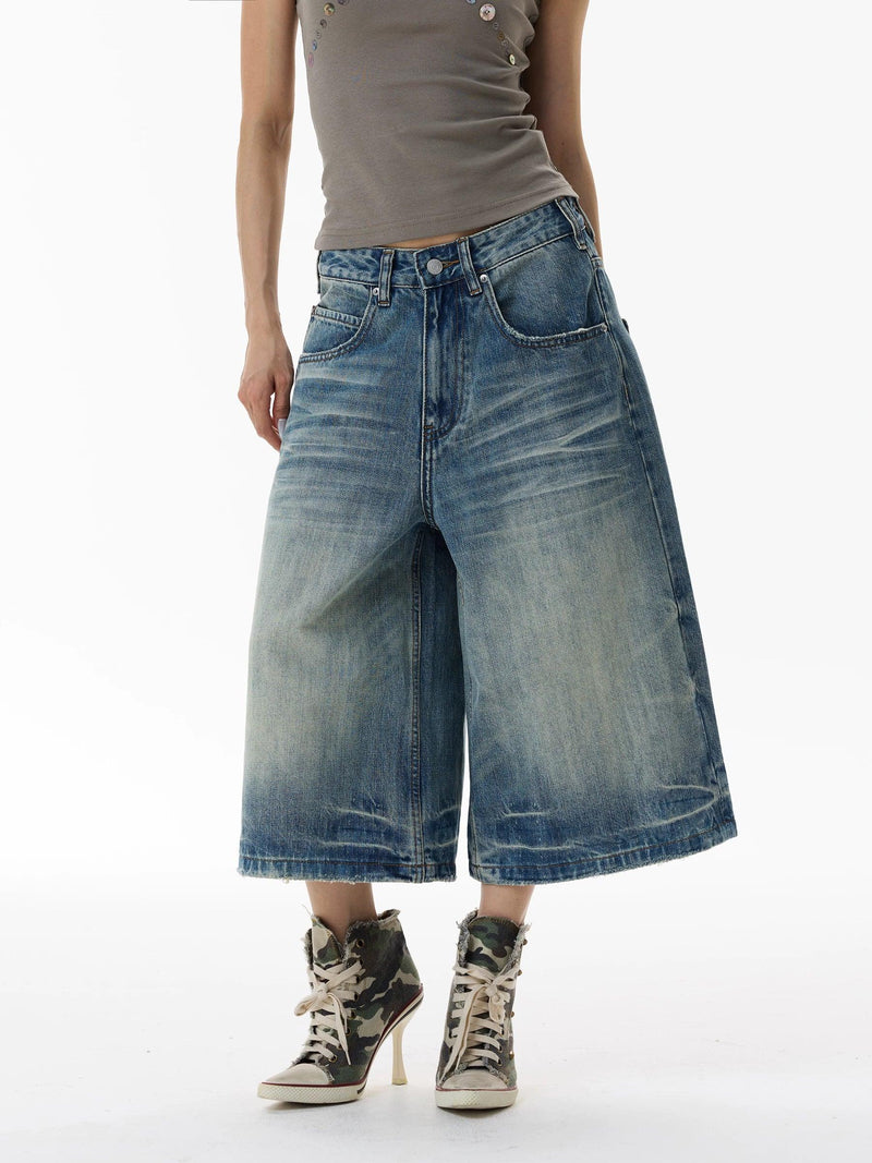 Distressed Wide Leg Denim Shorts