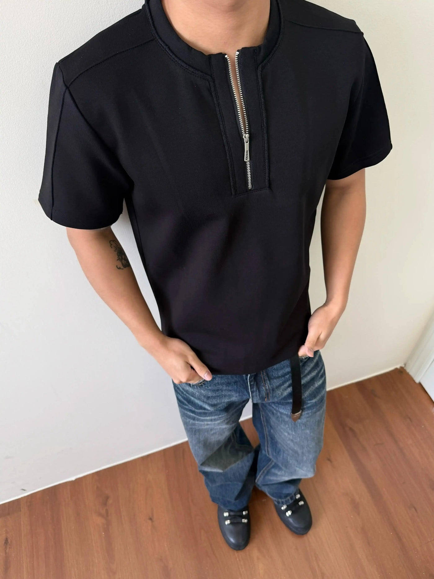 Half-Zipped Solid Color T-Shirt