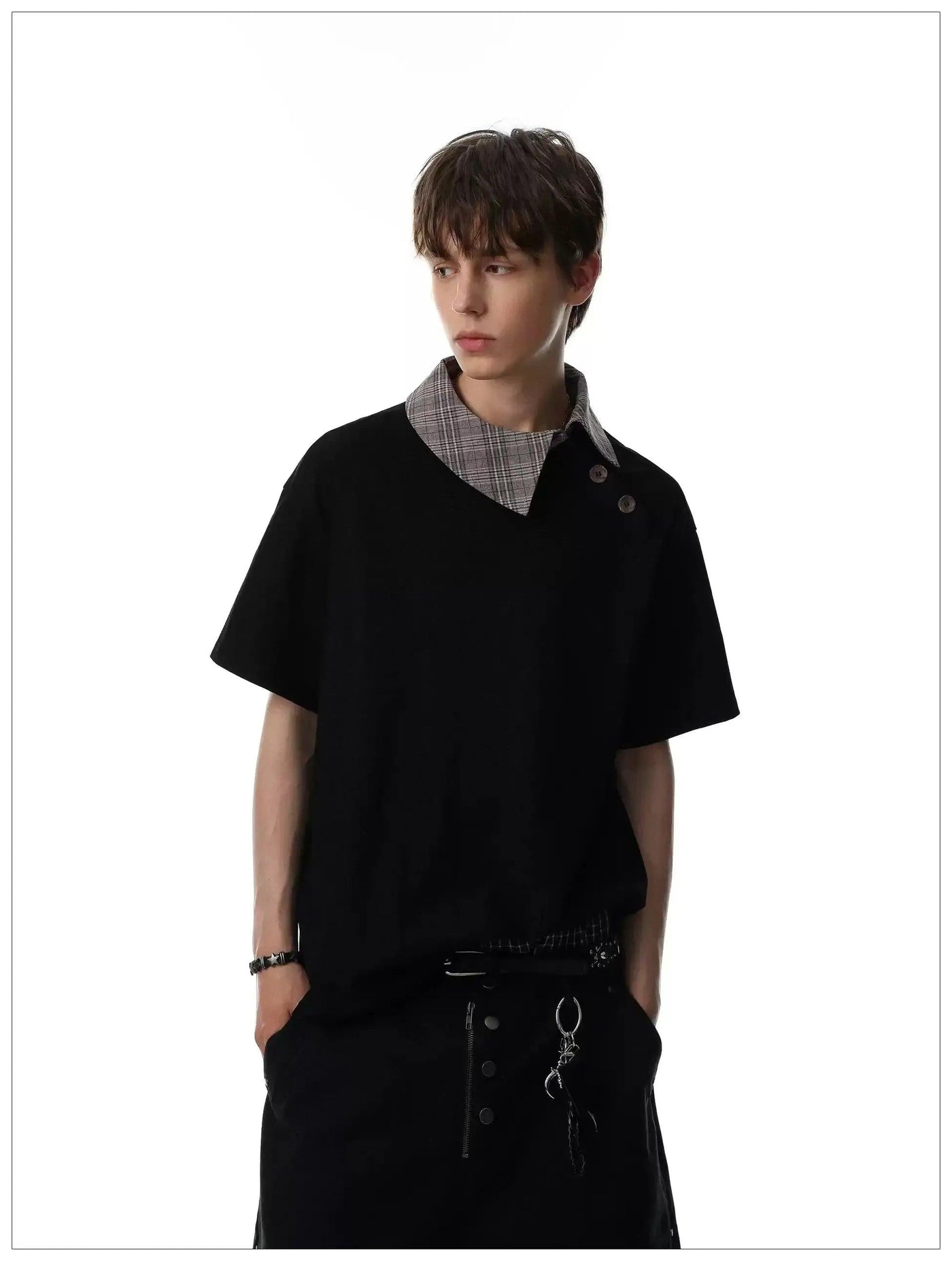 Plaid Collar Spliced T-Shirt