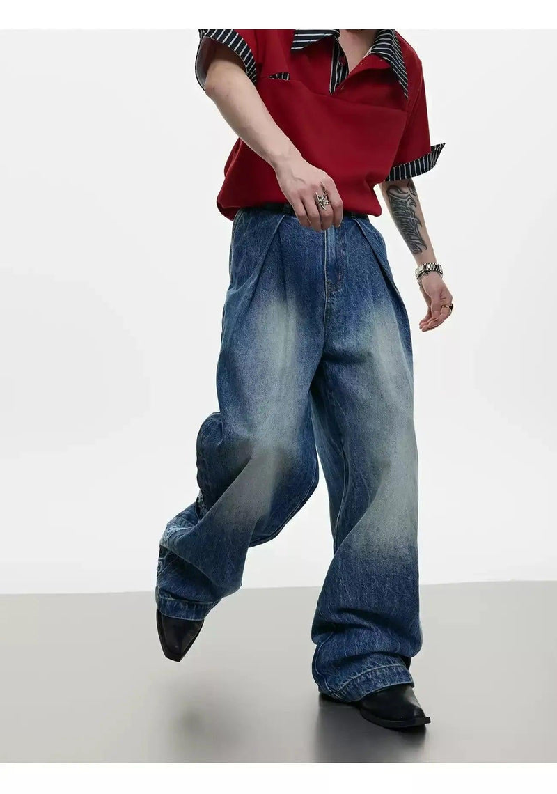 Double Pleated Washed Straight Jeans