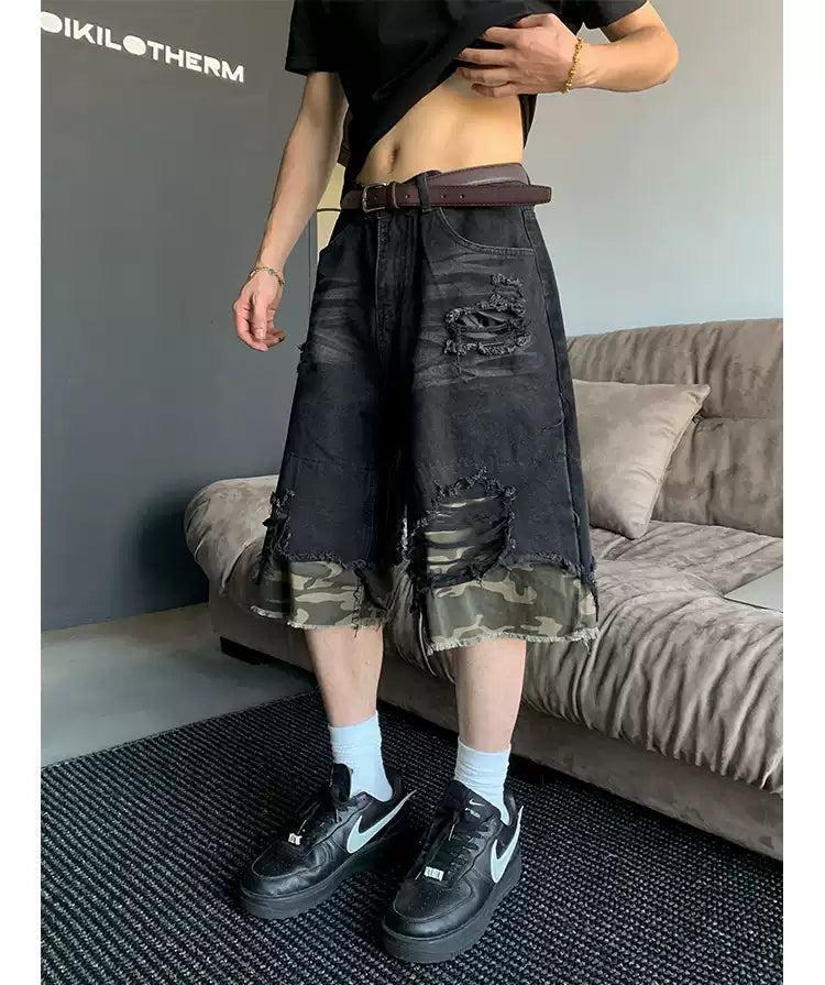 Camouflage Layer Distressed Denim Shorts