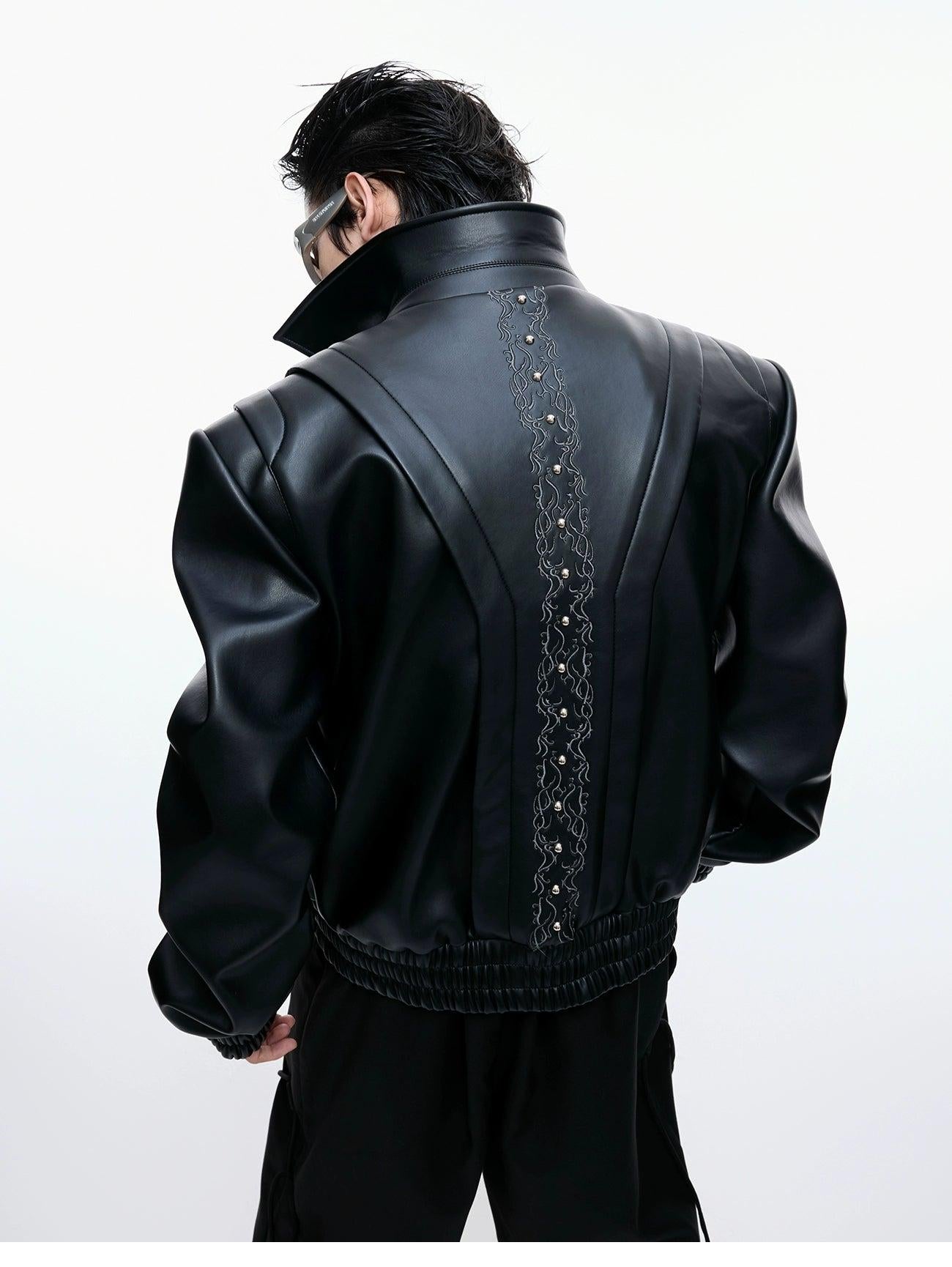 Vine Embroidery Structured PU Leather Jacket