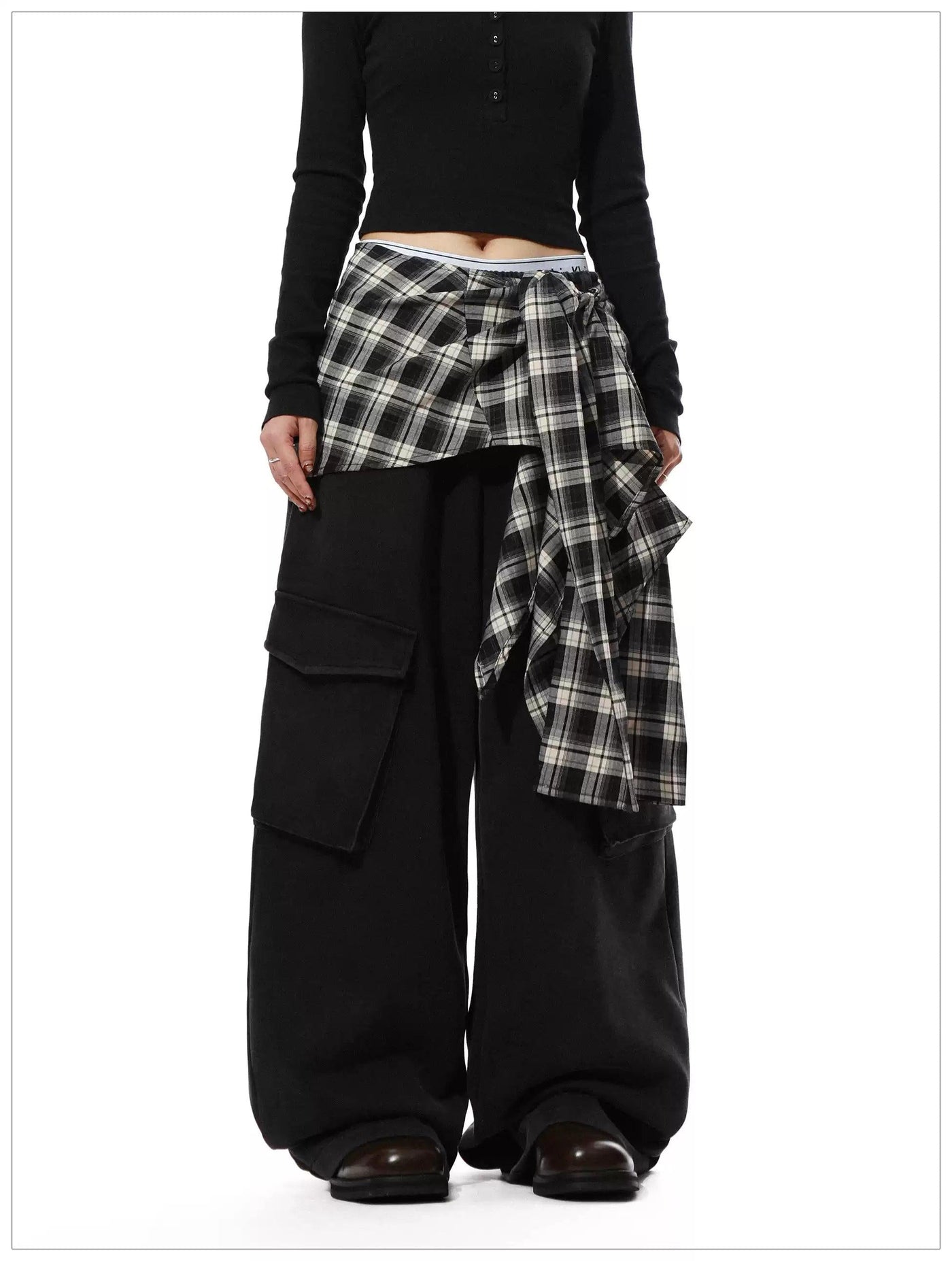 Number Printed Plaid Layered Cargo Pants