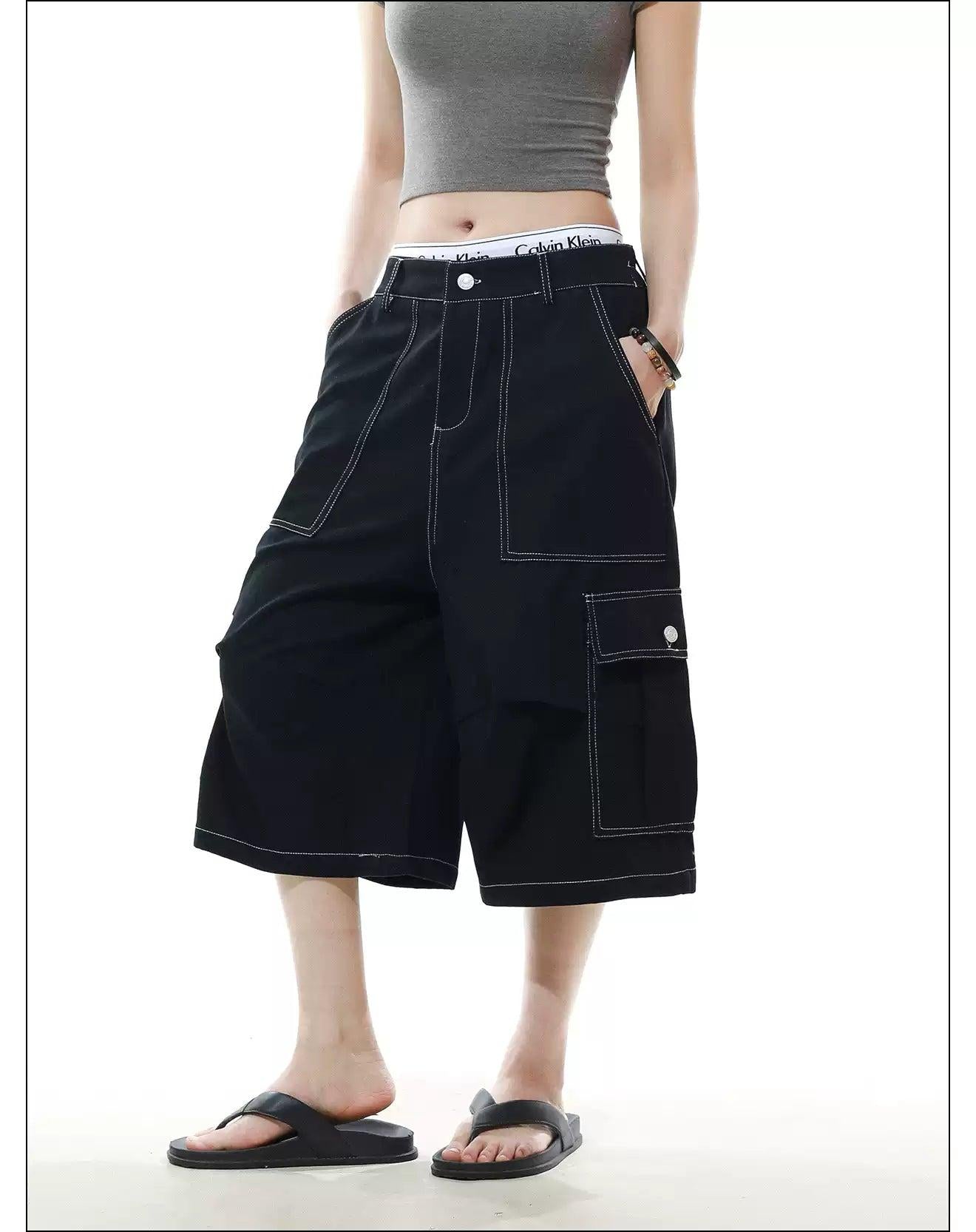 Contrast Stitched Denim Shorts