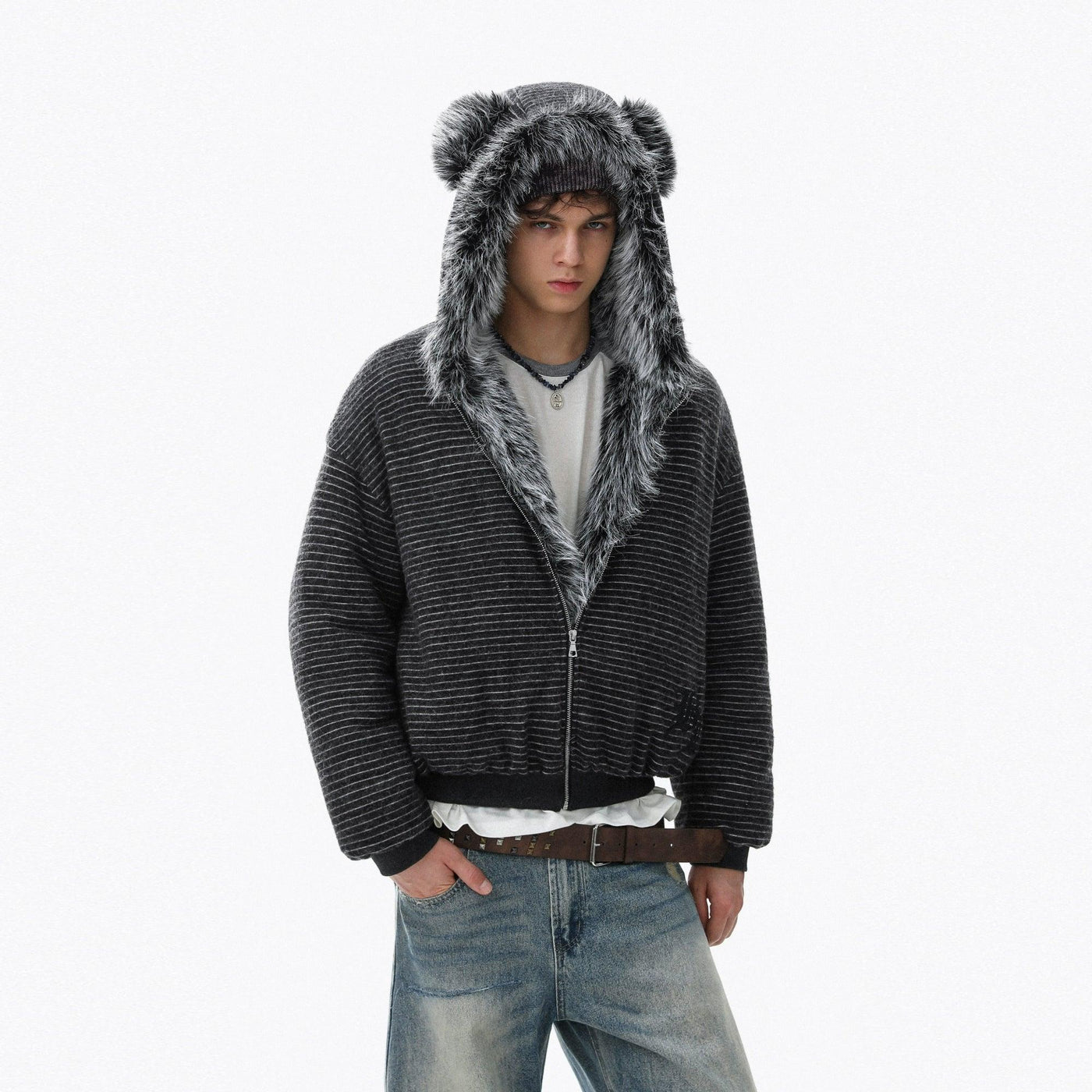 Teddy Bear Fur-Trimmed Stripes Jacket
