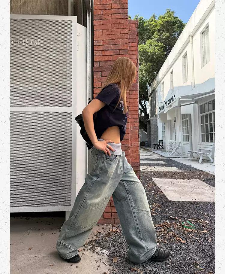 Contrast Ribbed Waist Faded Structured Jeans