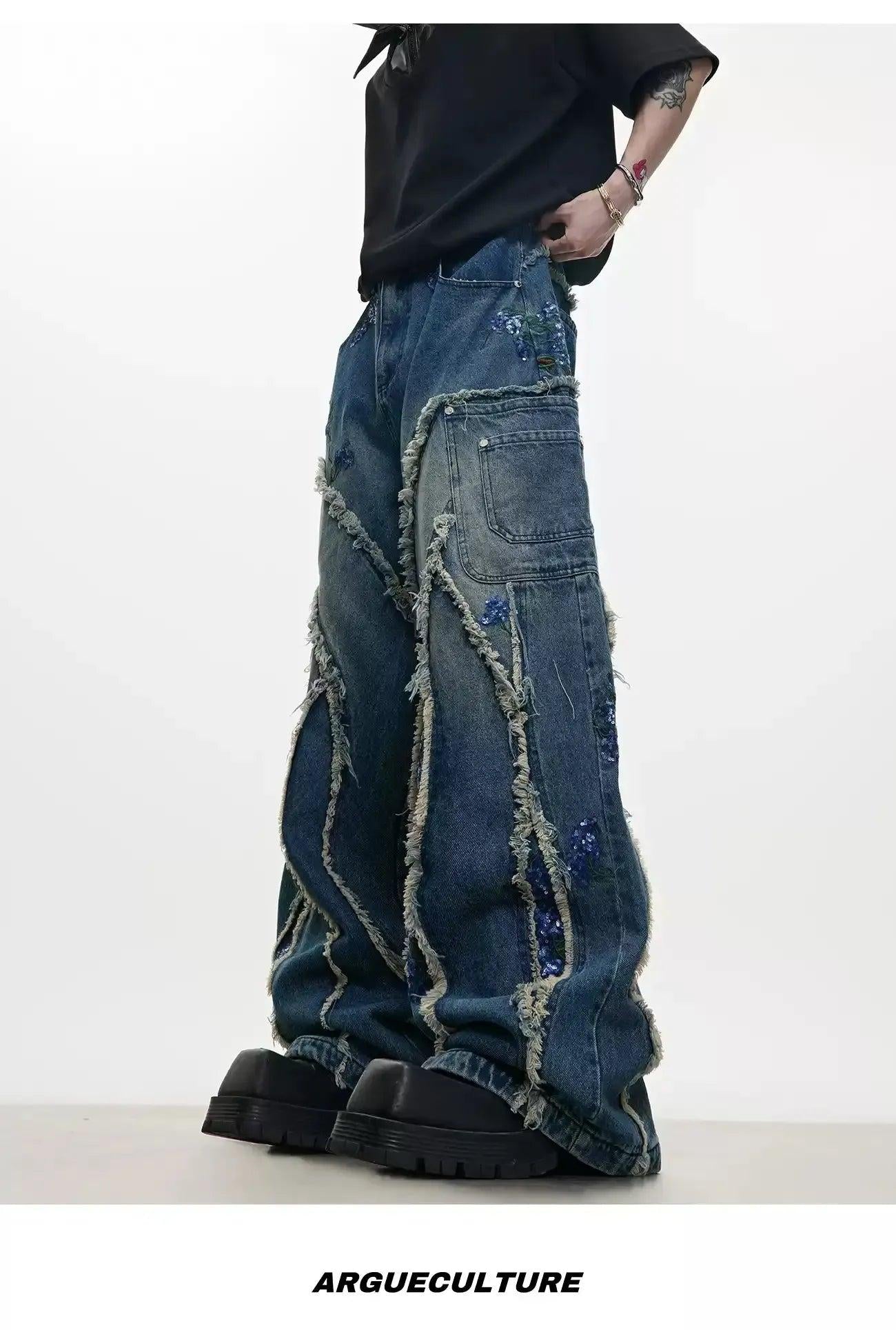 Sequin Embroidered Raw Seam Wide Jeans