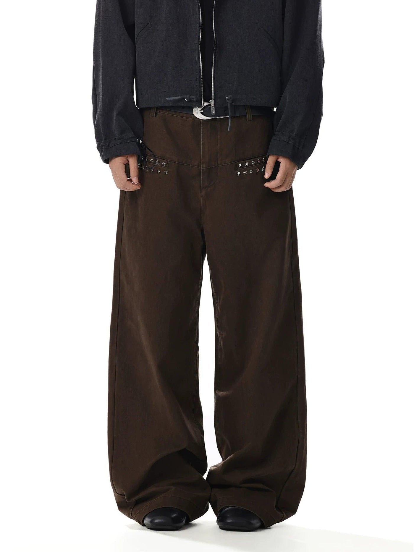 Washed Rivet Detail Wide Leg Jeans