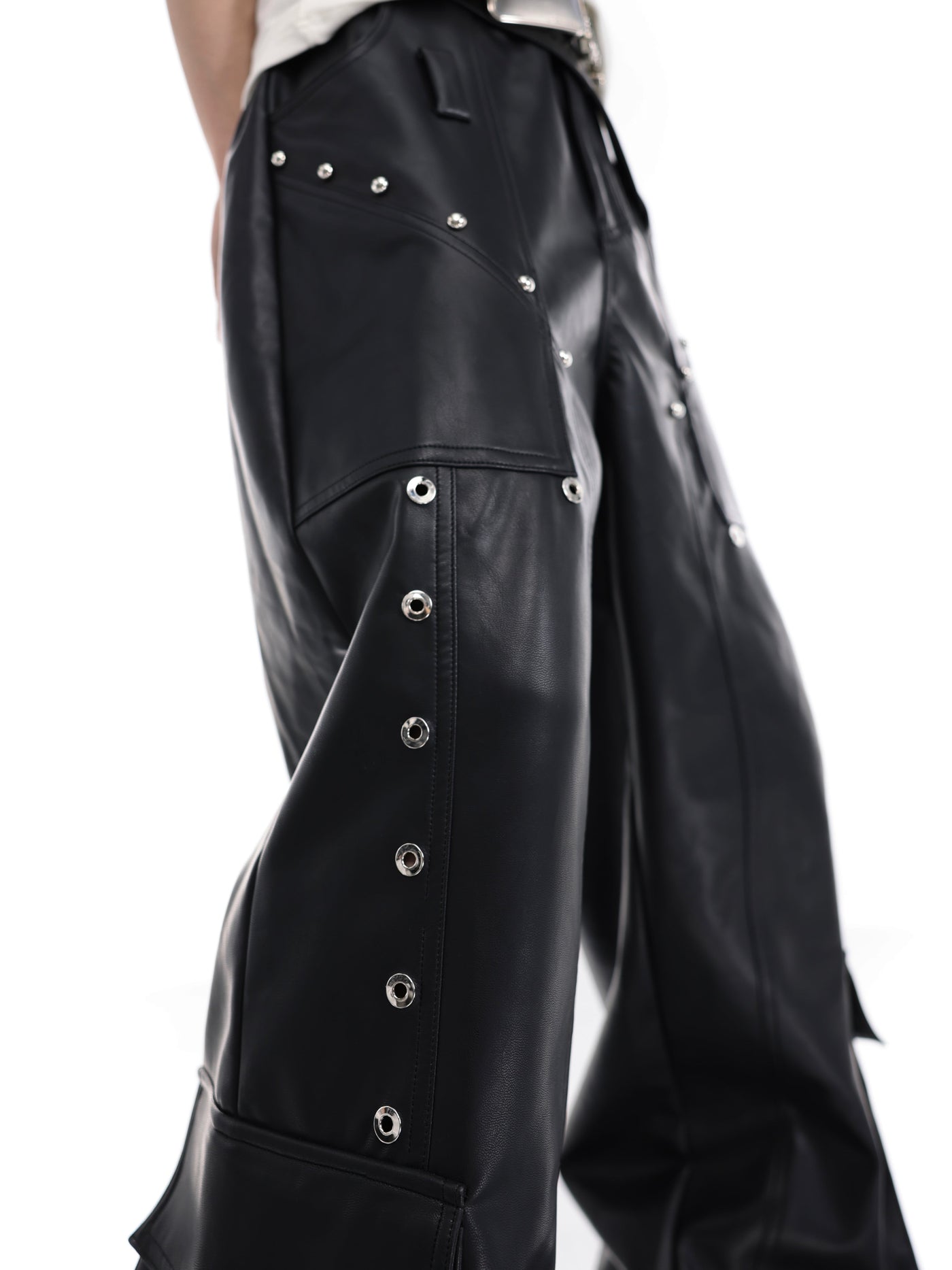Metal Buttons Stitch Pocket Leather Pants
