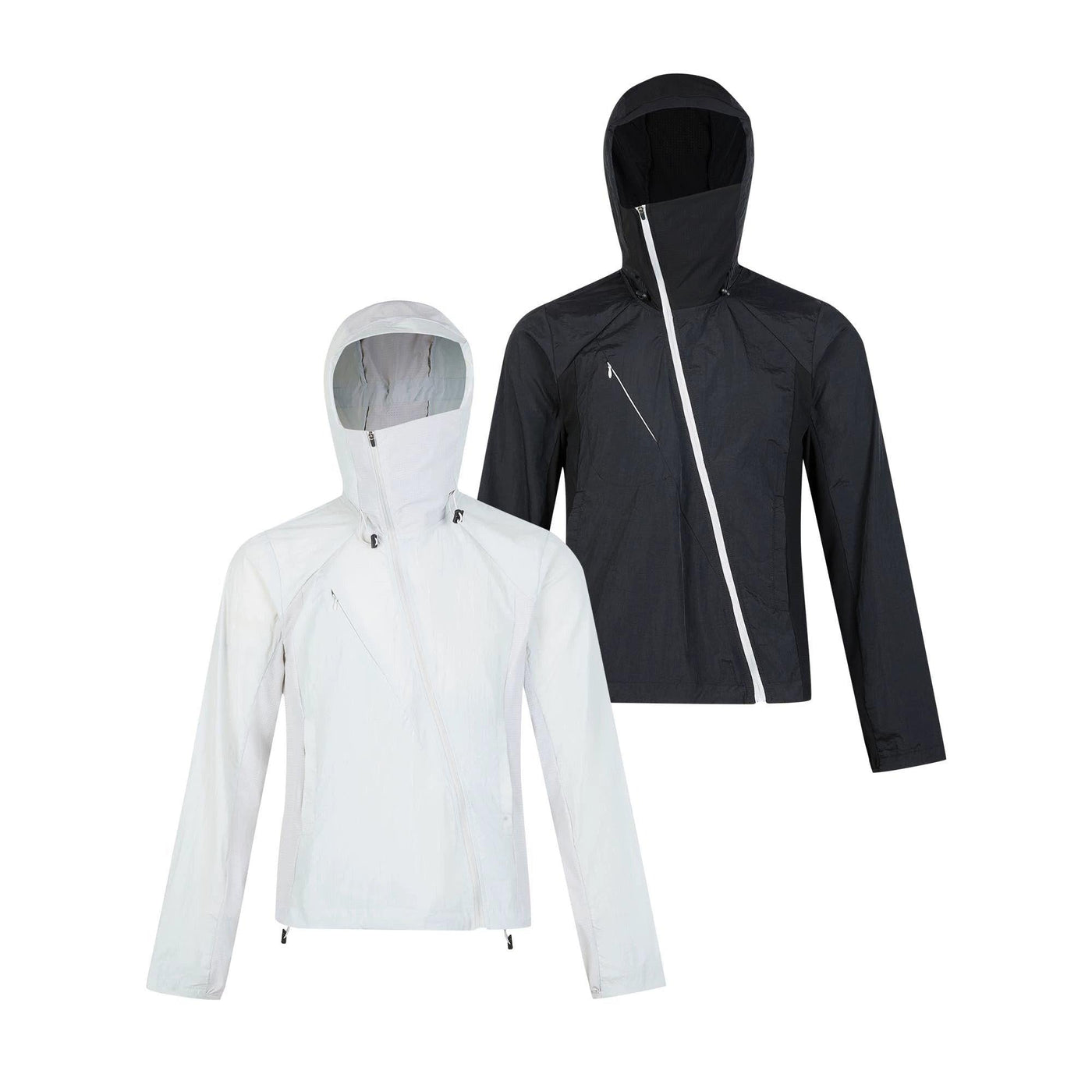 Diagonal Zip Hooded Nylon Jacket