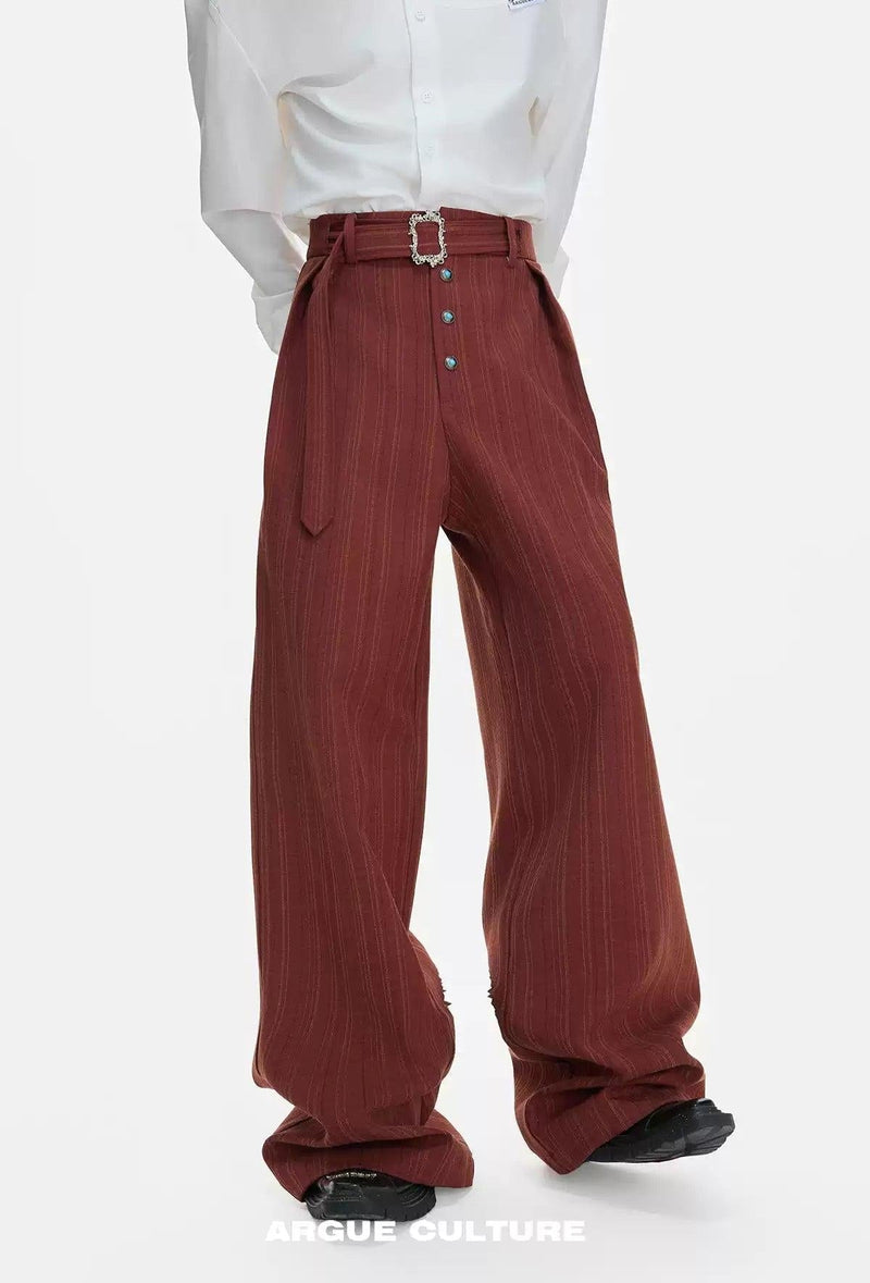 Decorated Buckle Belt Striped Trousers