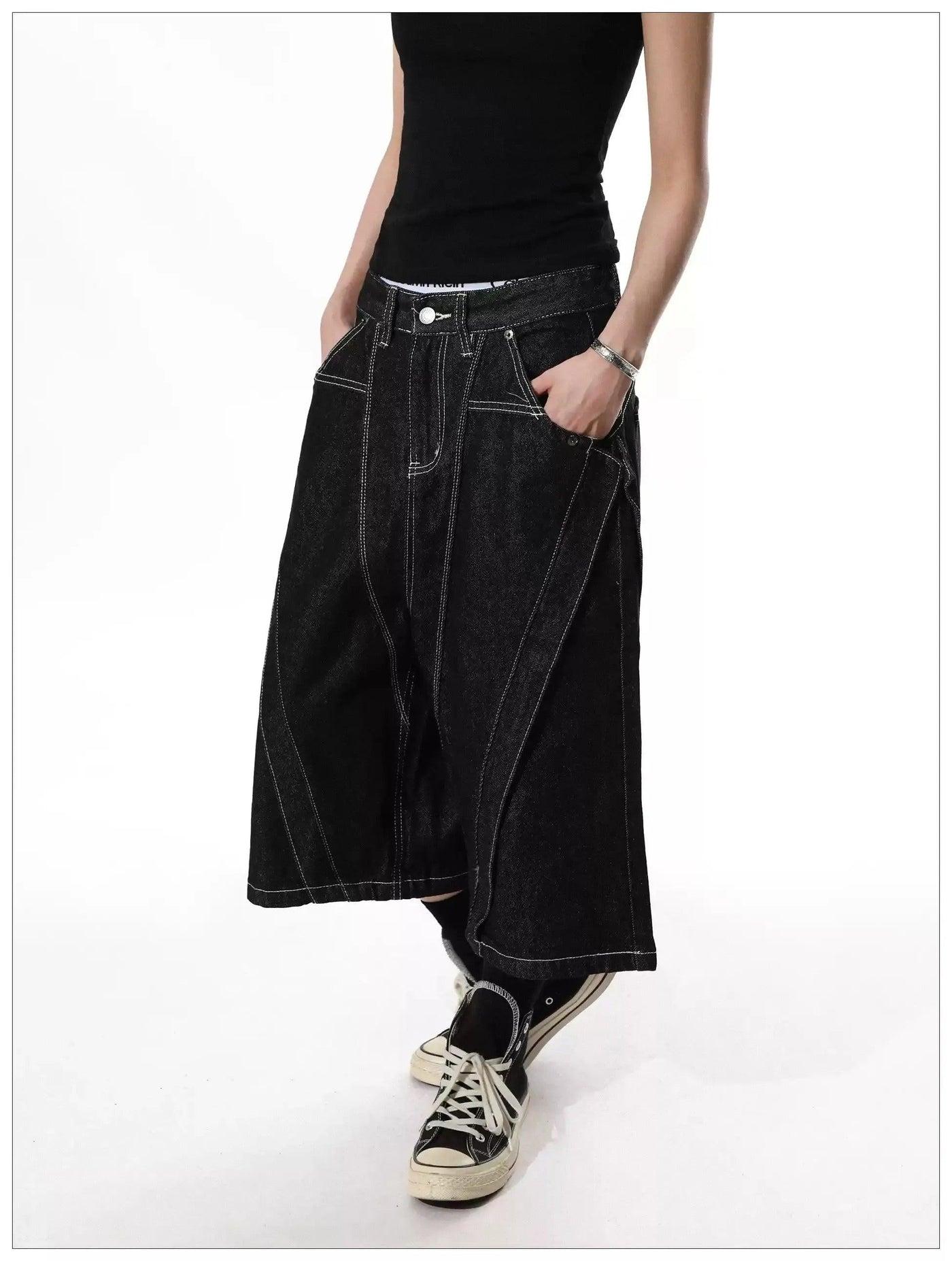 Contrast Diagonal Lined Denim Shorts