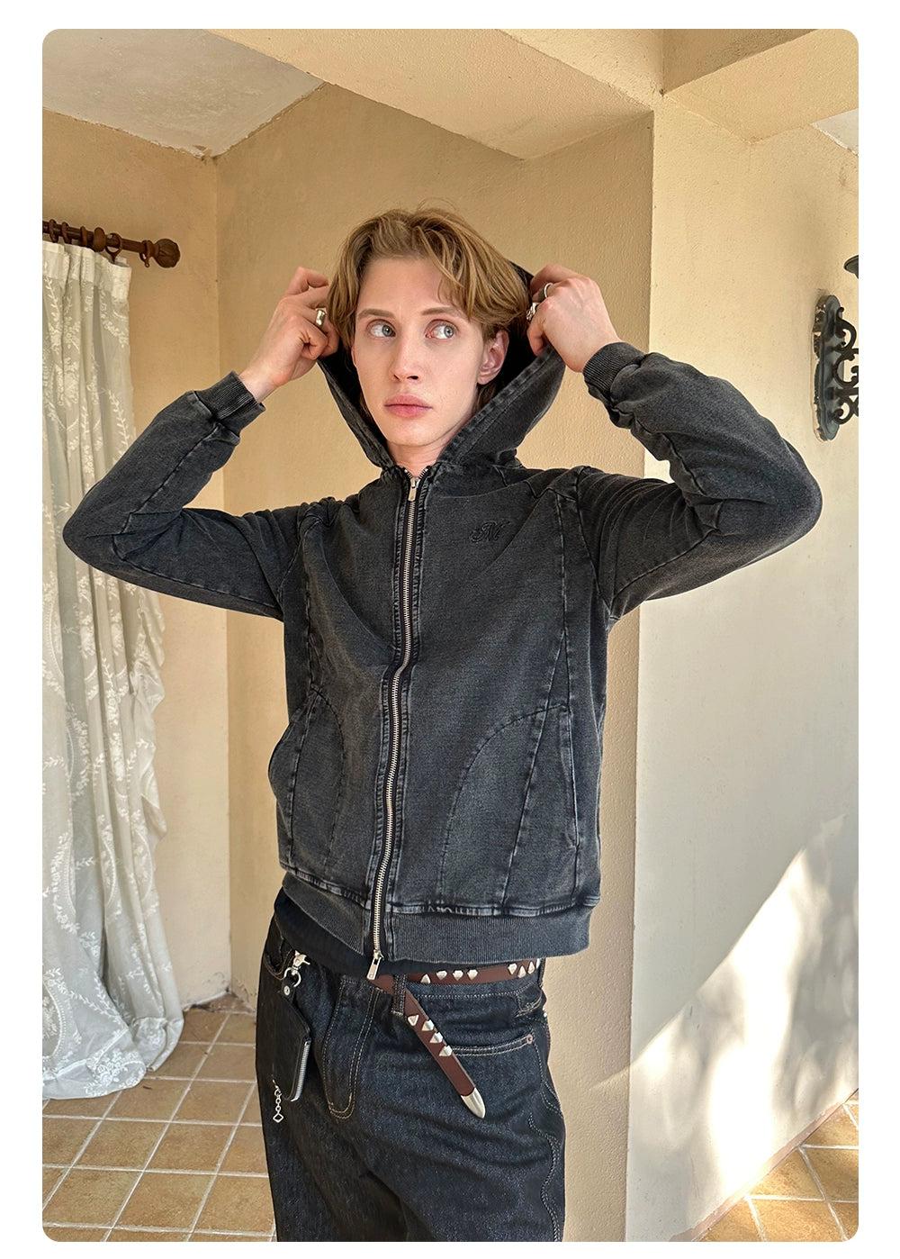 Grunged and Washed Hooded Denim Jacket