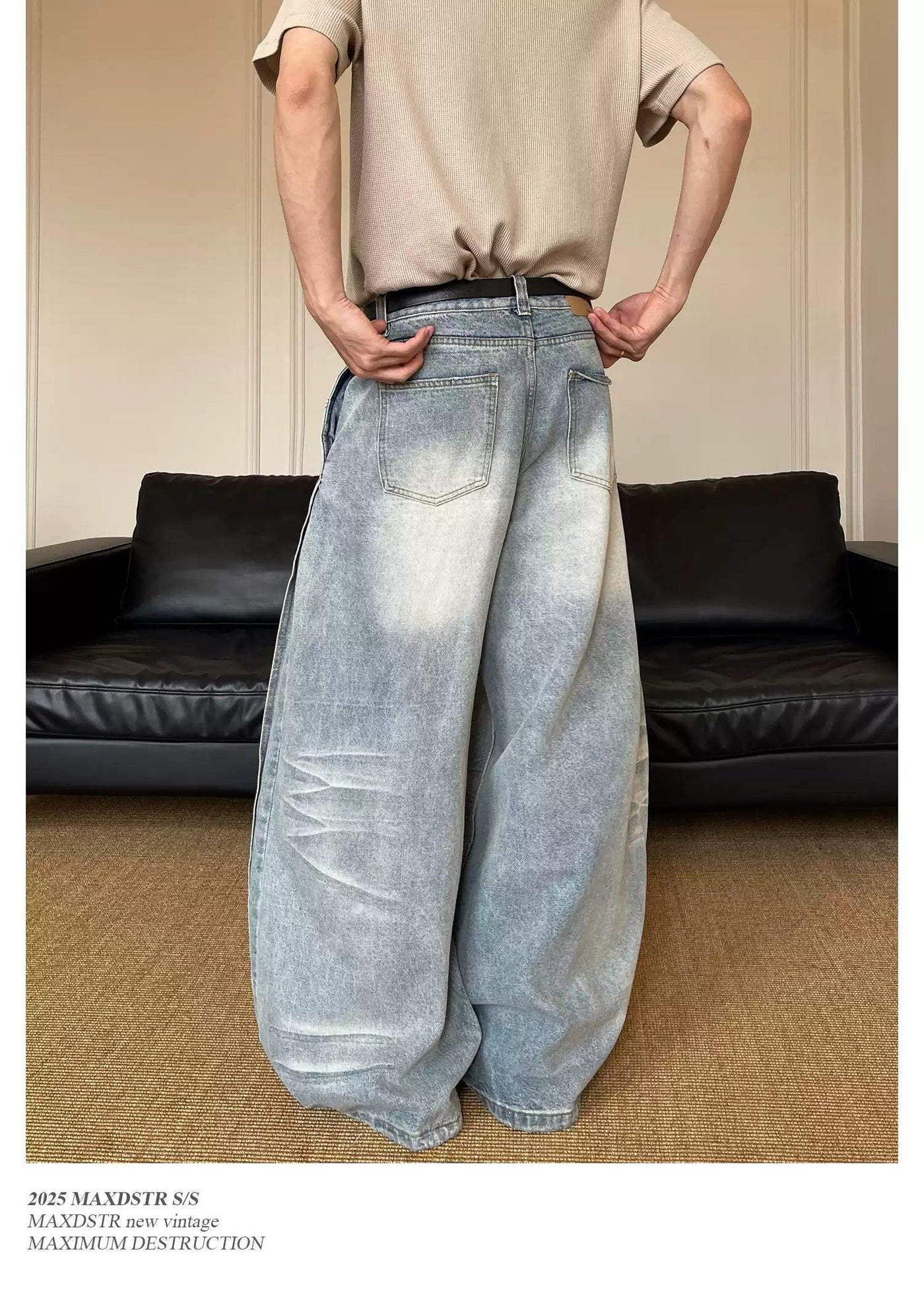 Whiskered Pleats Wide Leg Jeans