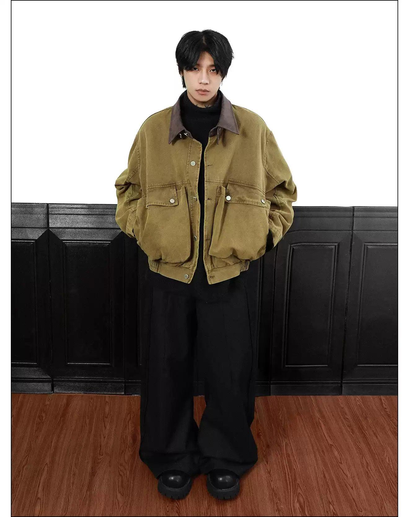 Big Pocket PU Leather Collar Jacket
