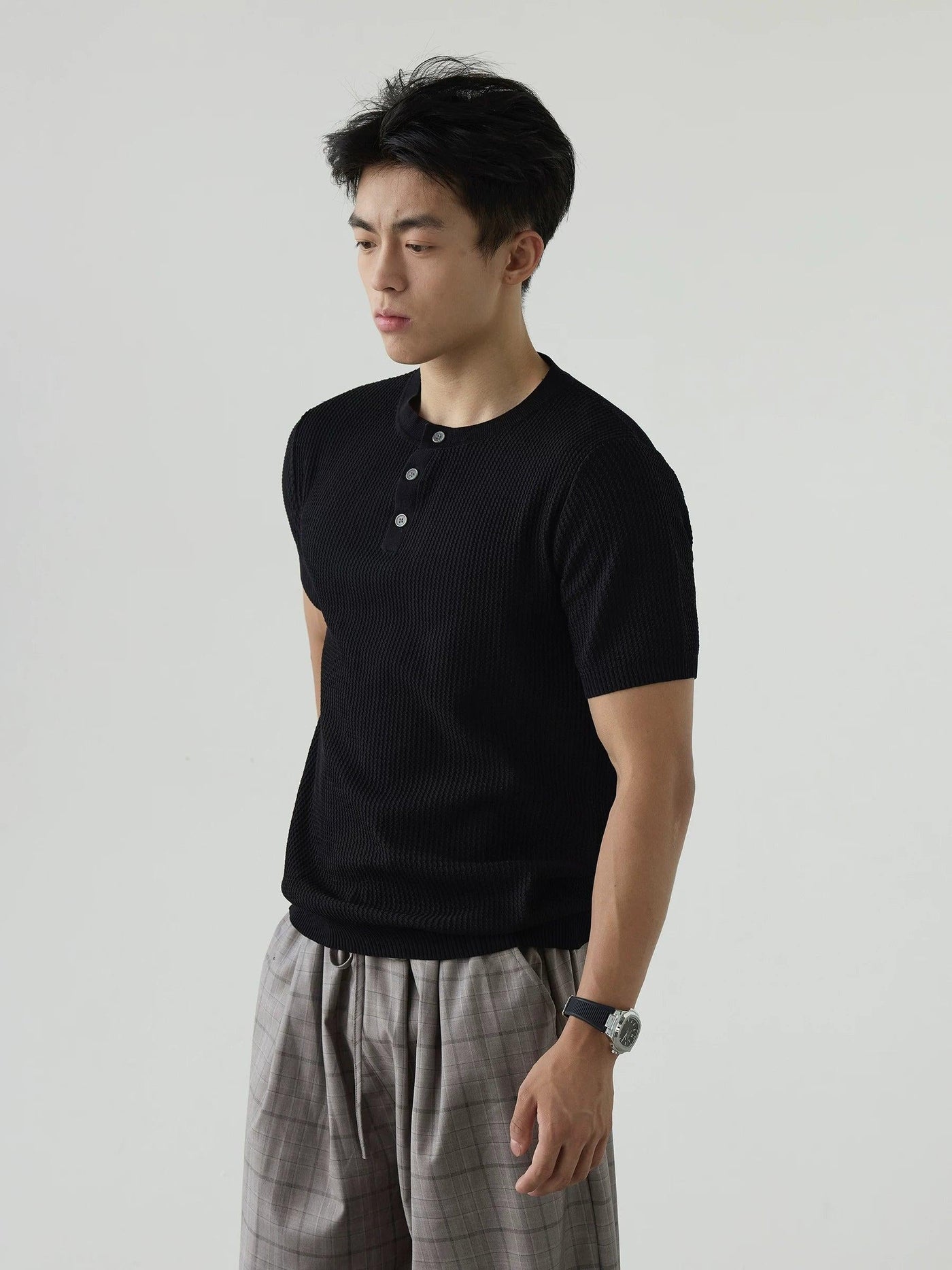 Ribbed Knit Henley T-Shirt