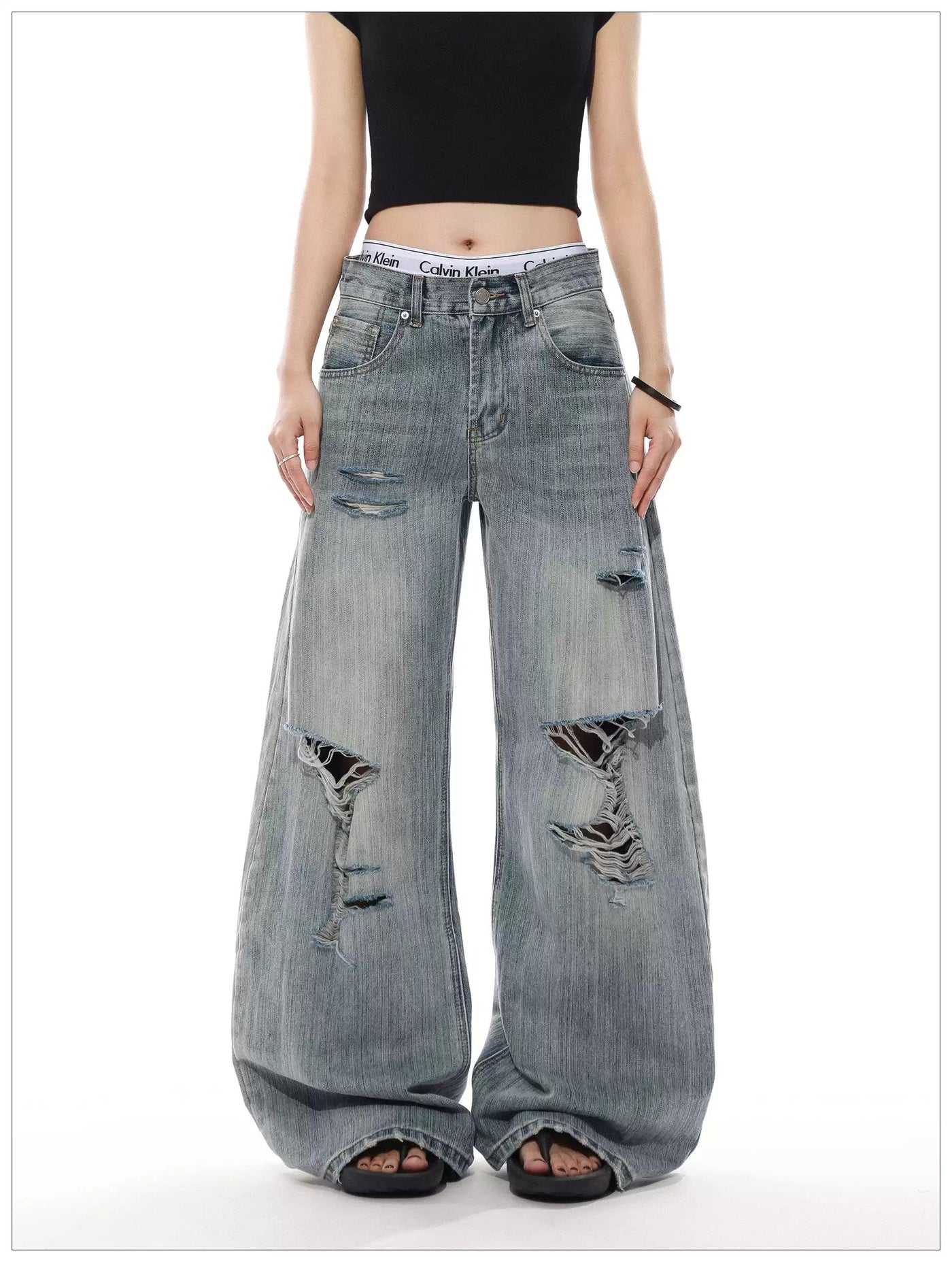 Textured Distressed Wide Jeans